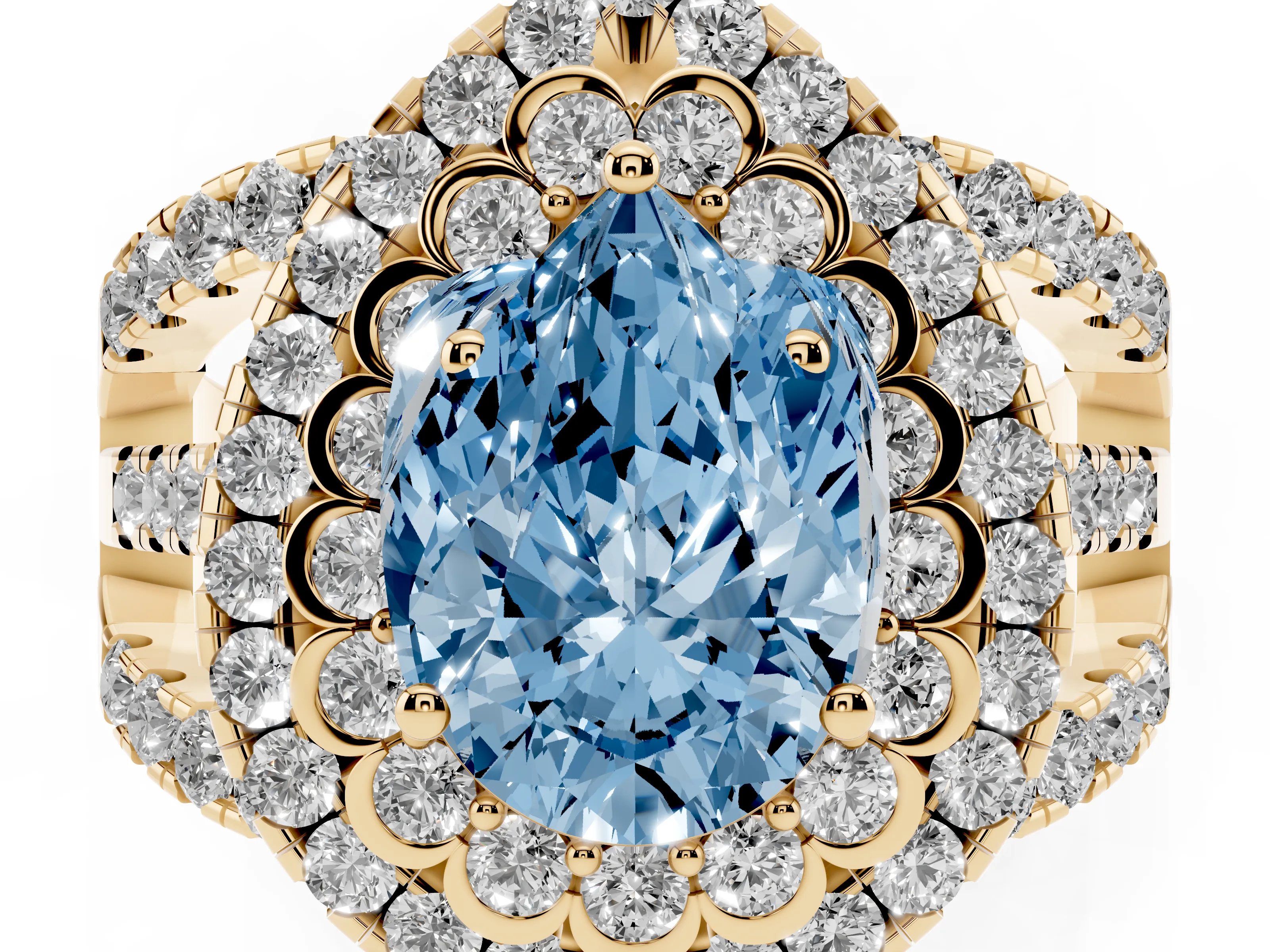 Fancy Blue Pear Cut Diamond Double Halo Ring Set in Yellow gold with Round Pavé Split Shank