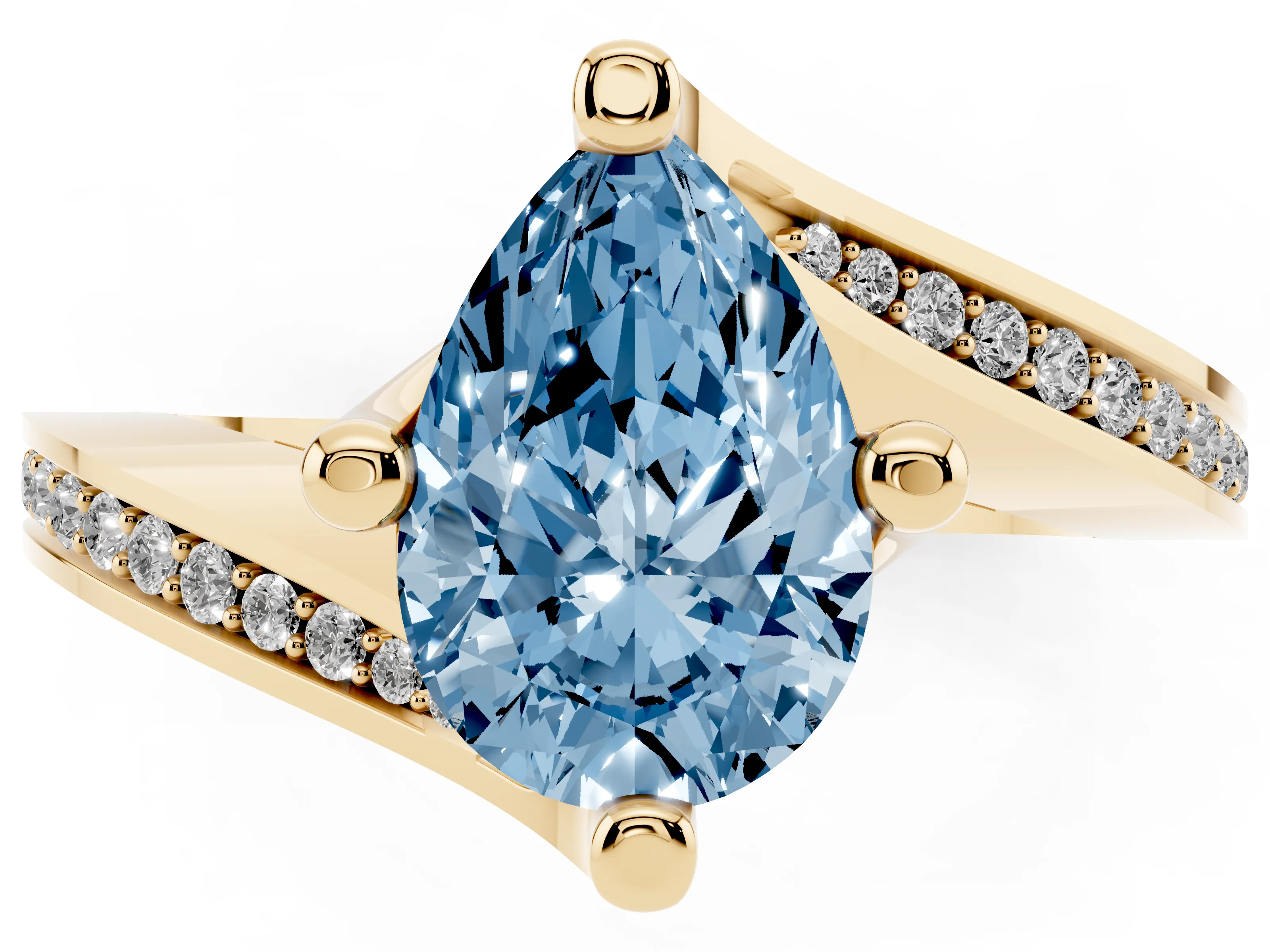 Fancy Blue Pear Cut Diamond Solitaire Ring Set in Yellow gold with Intertwined Pavé Twist Band