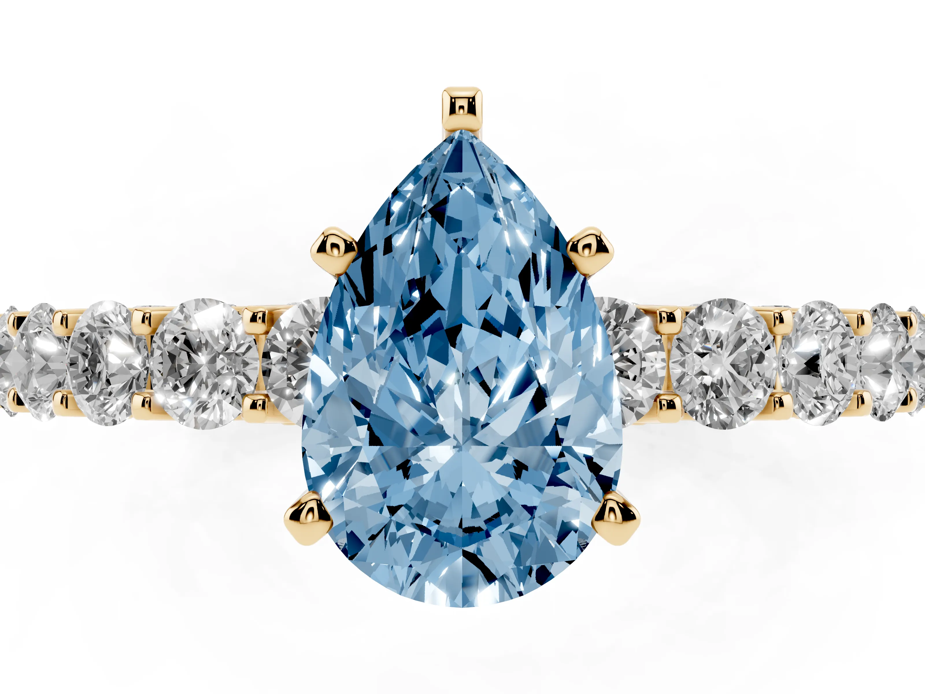 Fancy Blue Pear Cut Diamond Solitaire Ring Set in Yellow gold with Shared Prong Pavé Band