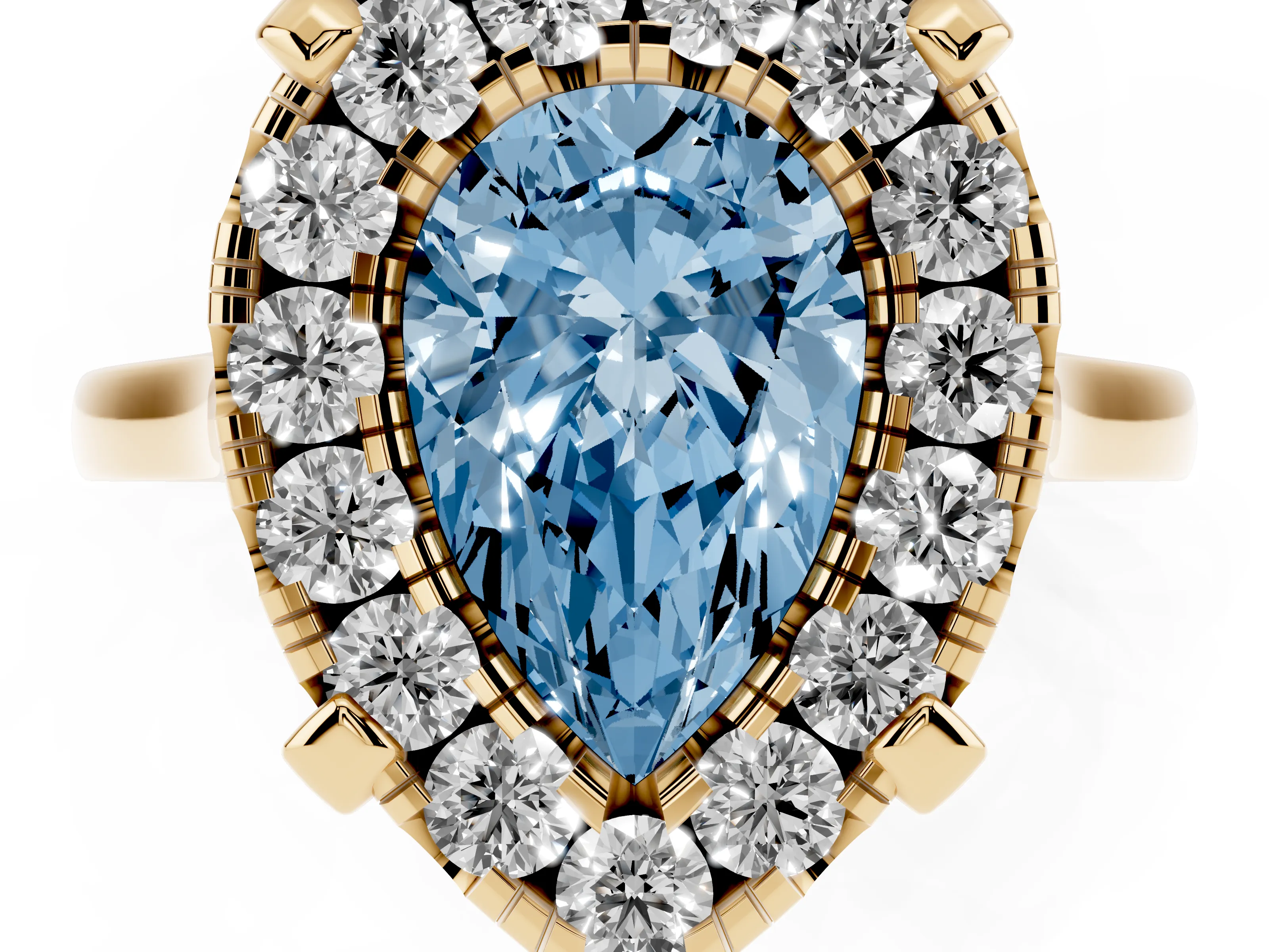 Fancy Blue Pear Cut Diamond Cluster Halo Solitaire Ring Set in Yellow gold with Prong Setting