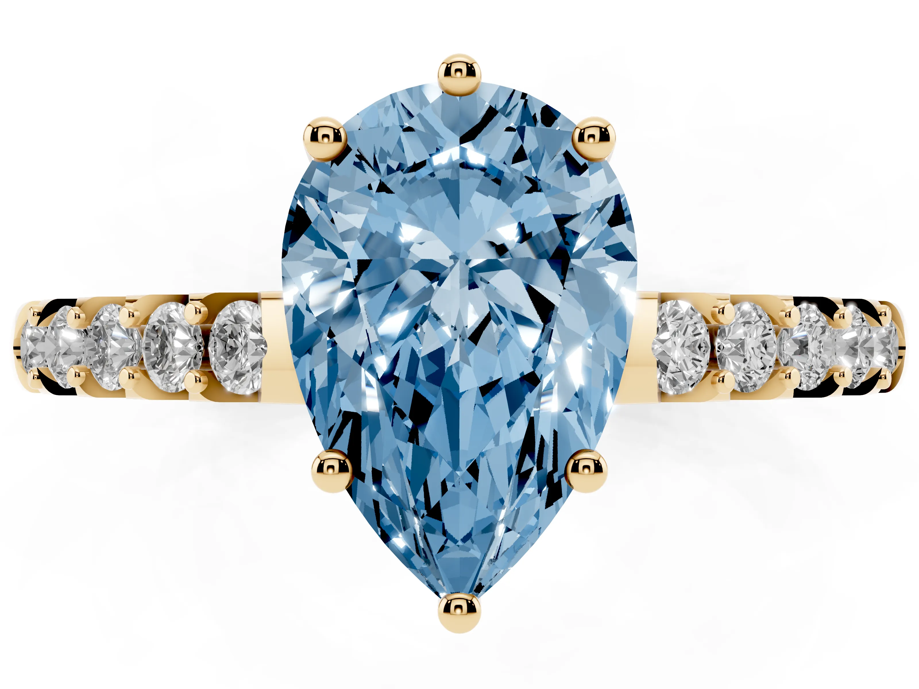 Fancy Blue Pear Cut Diamond Solitaire Engagement Ring Set in Yellow gold with Pavé Band and Prong Setting