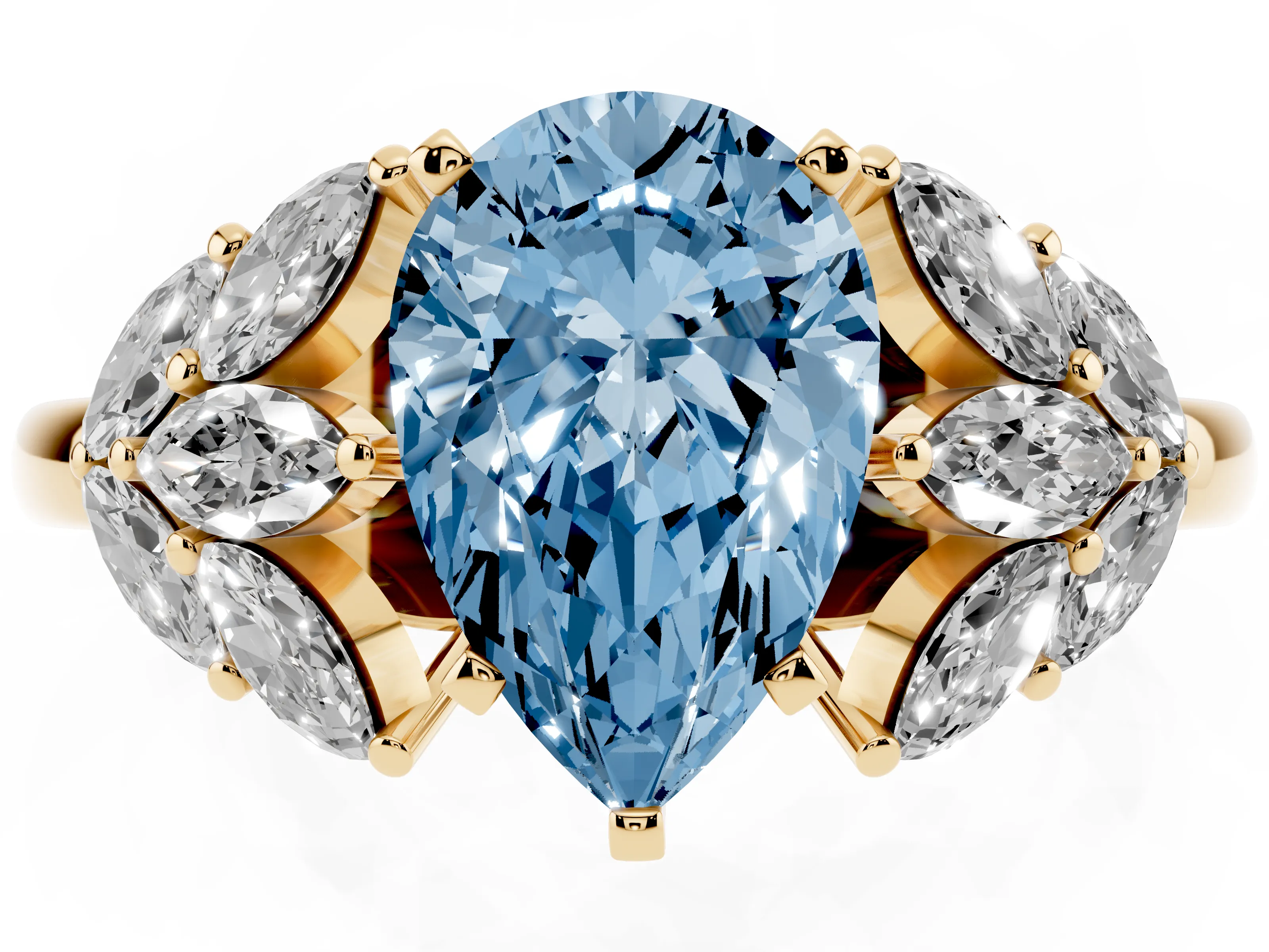 Fancy Blue Pear Cut Diamond Cluster Leaf Design Ring Set in Yellow gold with Prong Setting