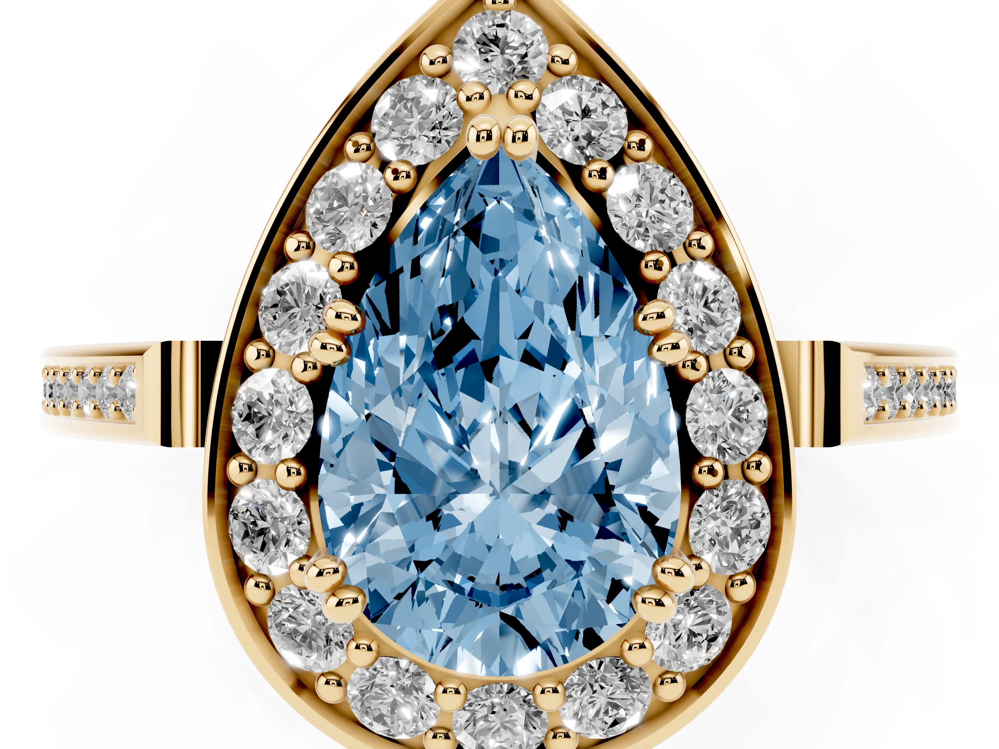Fancy Blue Pear Cut Diamond Halo Ring Set in Yellow gold with Accent-Lined Split Shank and Prong Setting