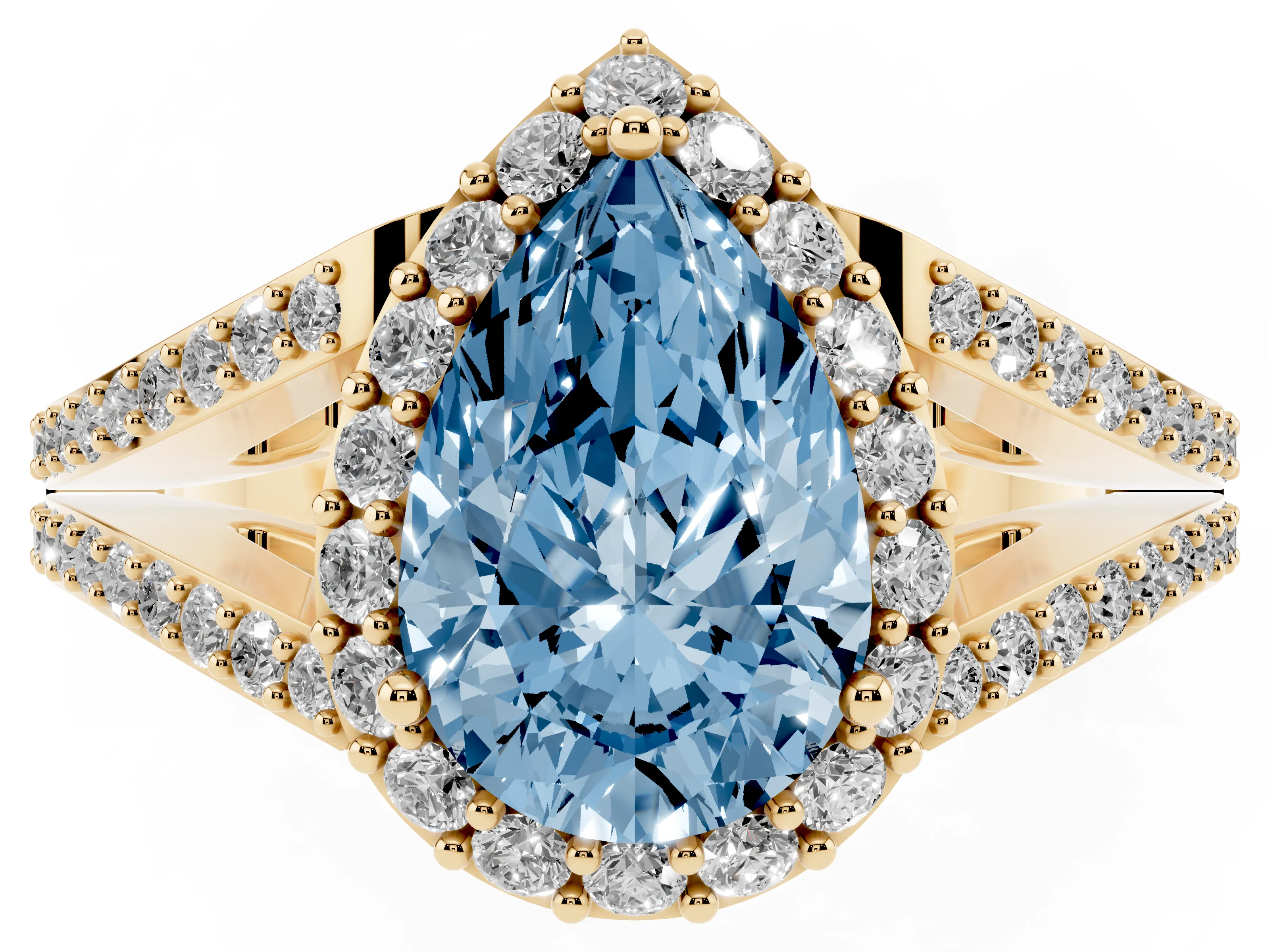 Fancy Blue Pear Cut Diamond Halo Split Shank Pavé Ring Set in Yellow gold with Prong Setting