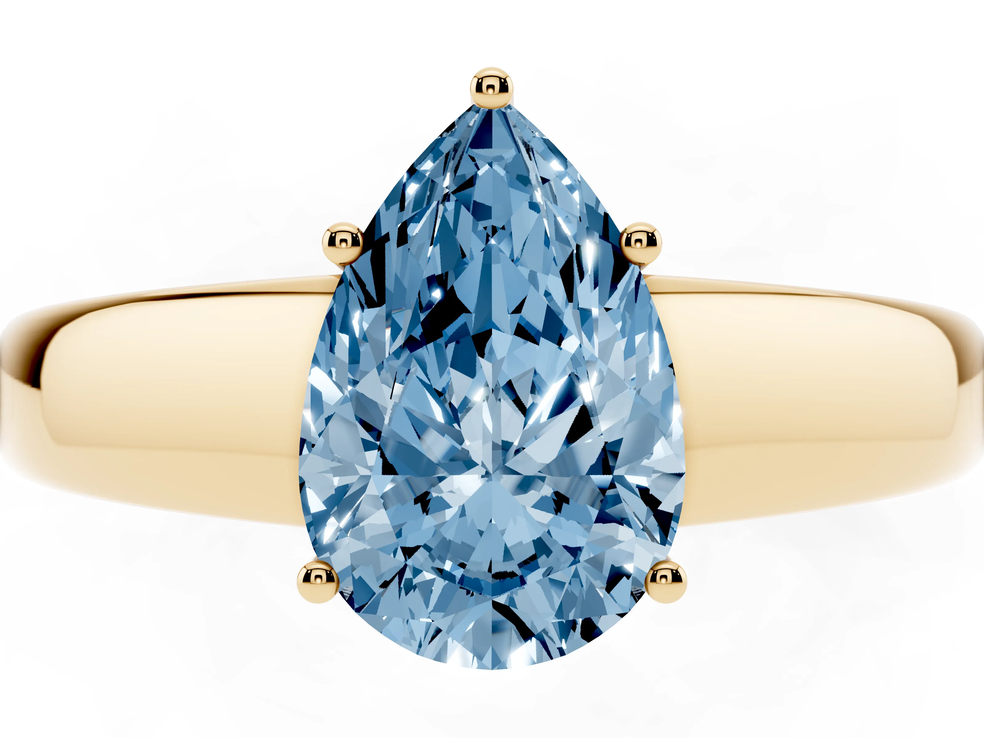 Fancy Blue Pear Cut Diamond Solitaire Ring Set in Yellow gold with Tapered Band and Prong Setting