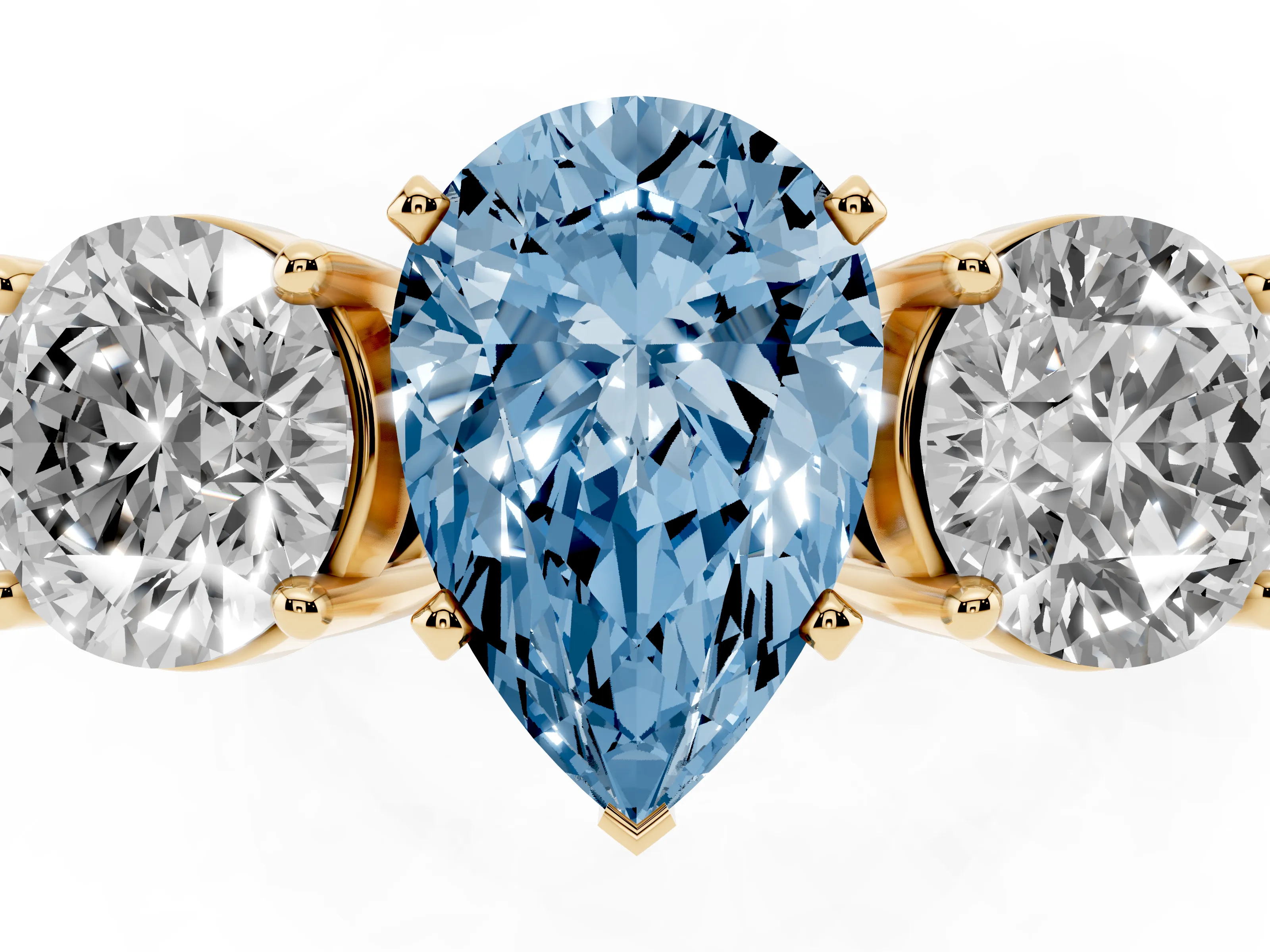 Fancy Blue Pear Cut Diamond Three-Stone Ring Set in Yellow gold with Round Side Stones and Classic Band