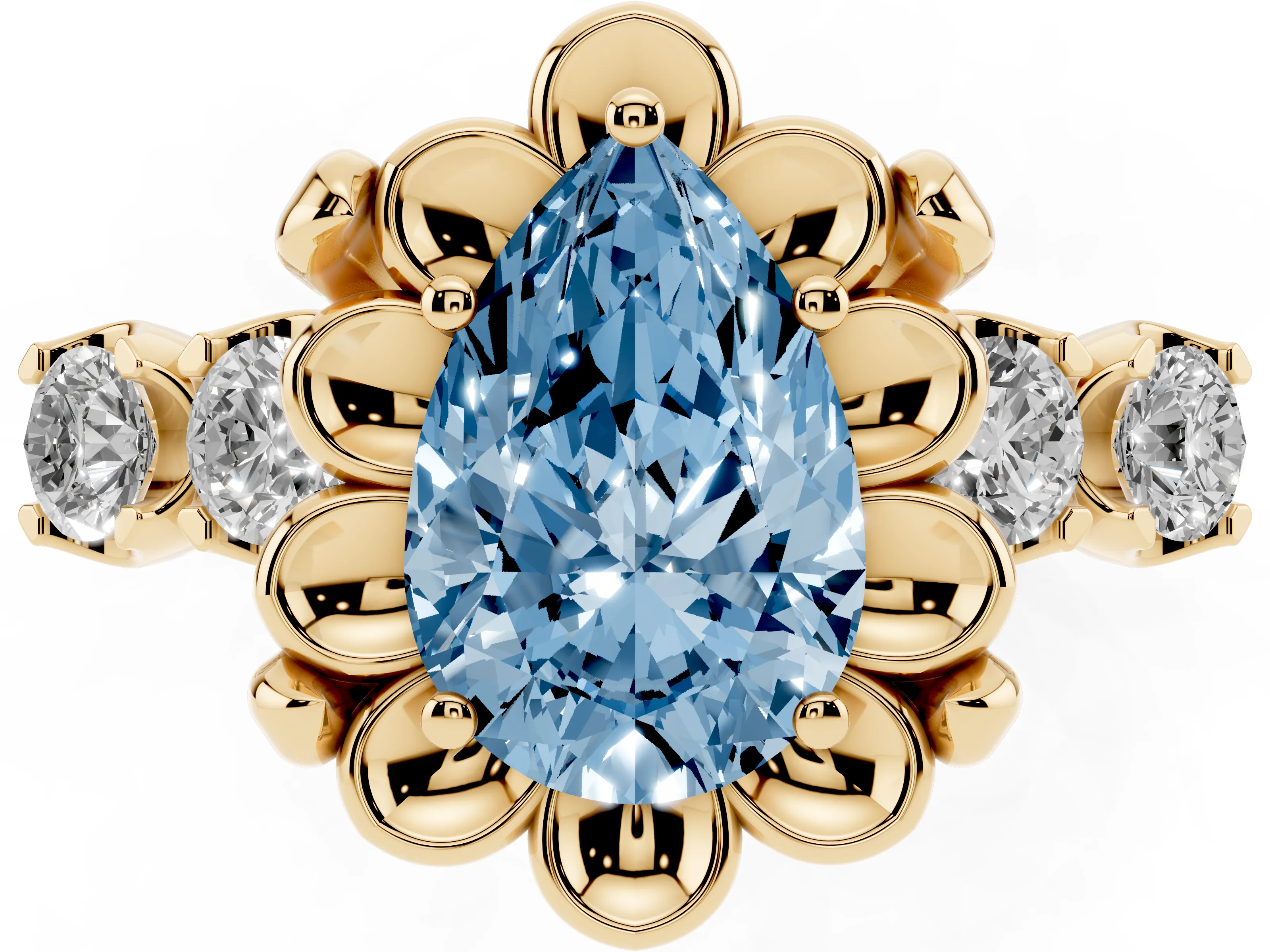 Fancy Blue Pear Cut Diamond Floral Halo Ring Set in Yellow gold with Shared Prong Band