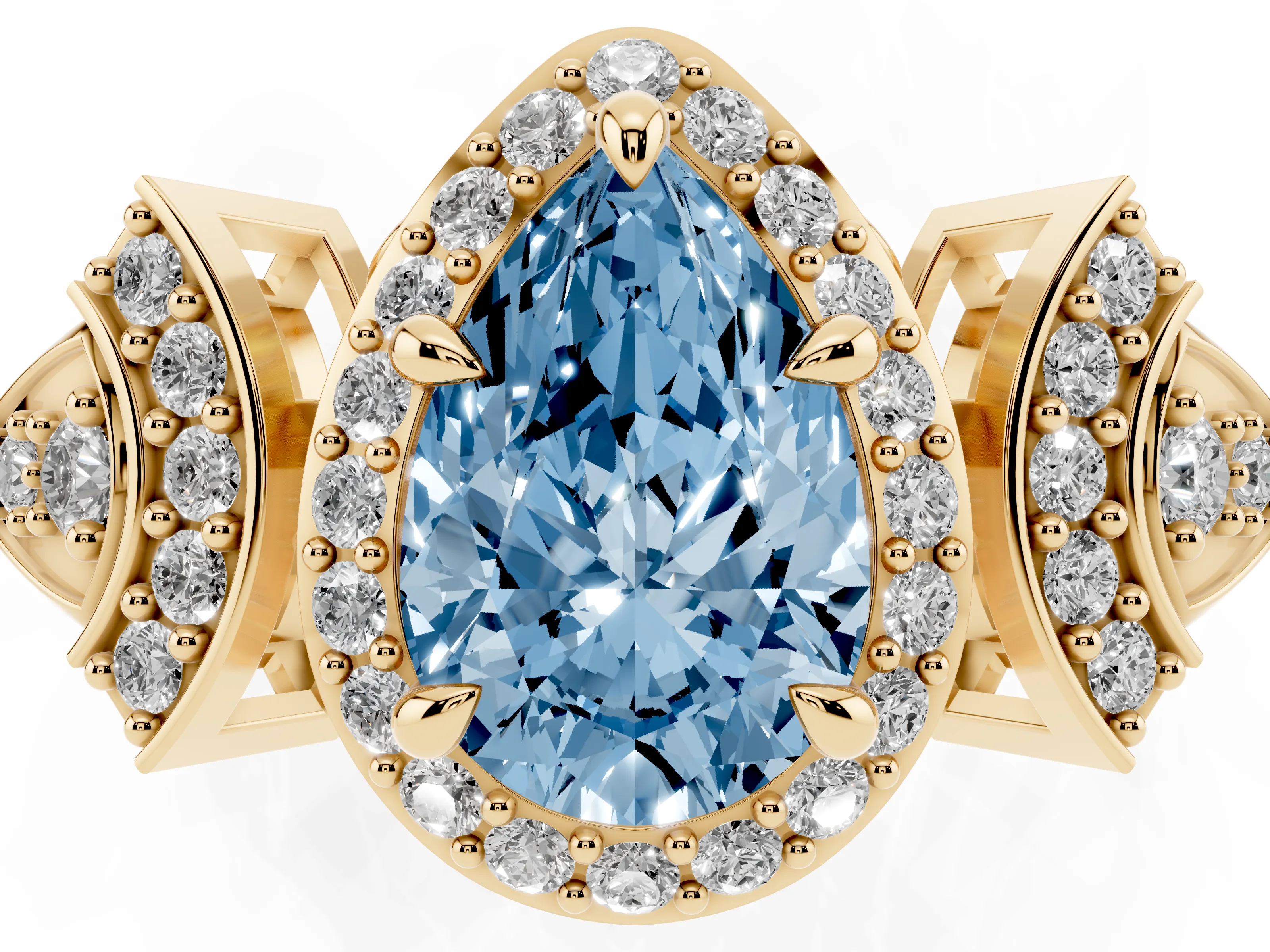Fancy Blue Pear Cut Diamond Halo Engagement Ring Set in Yellow gold with Accent Stone Split Shank