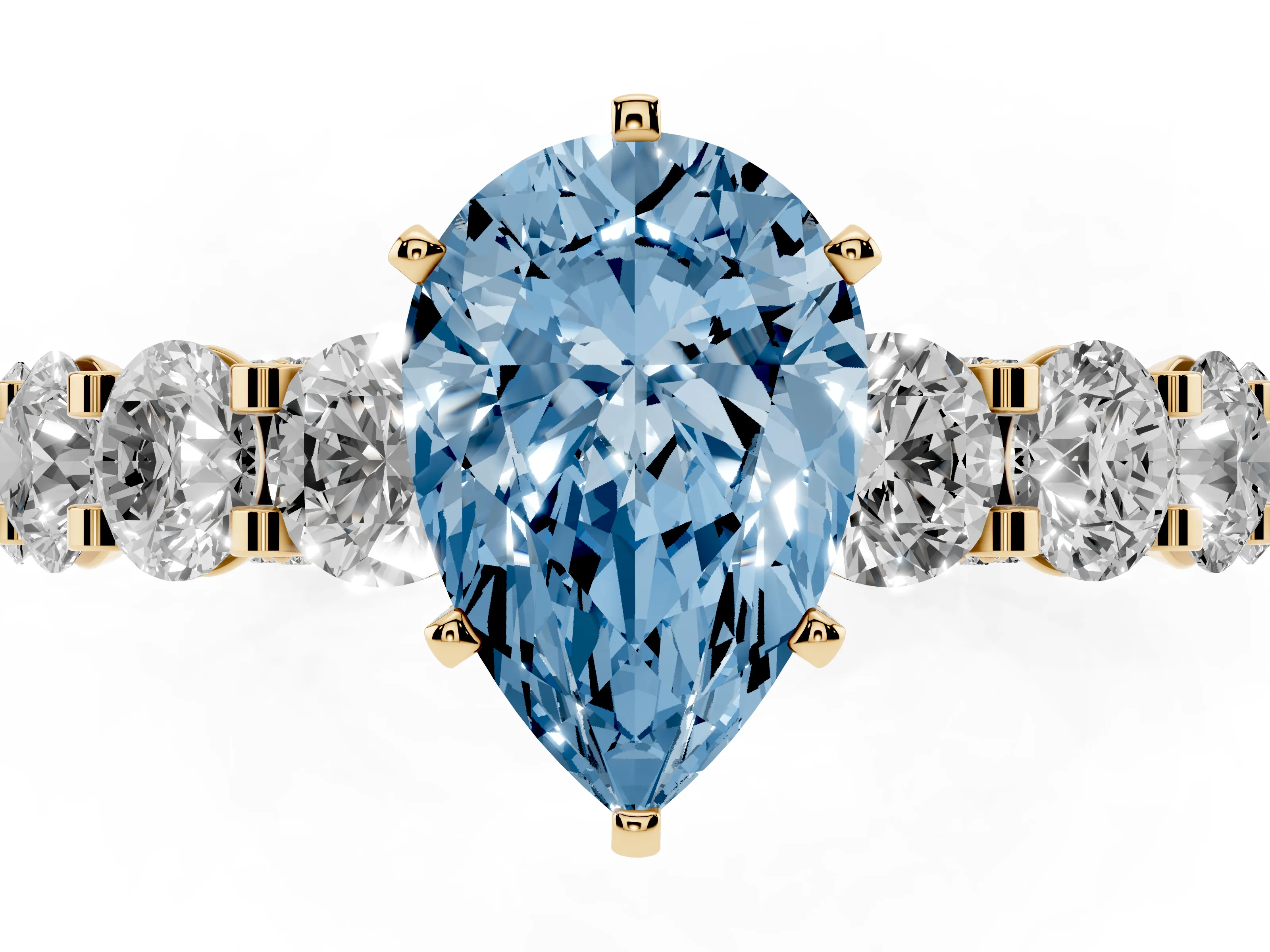 Fancy Blue Pear Cut Diamond Side Stone Ring Set in Yellow gold with Alternating Round and Oval Side Stones