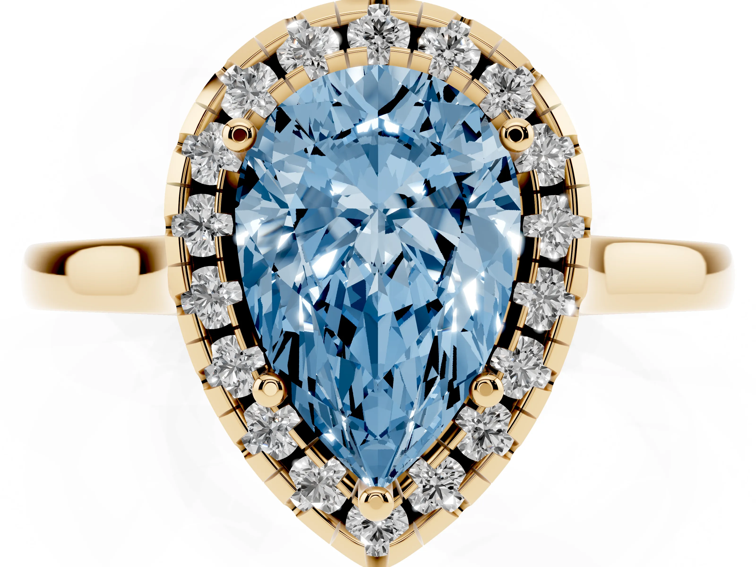 Fancy Blue Pear Cut Halo Round Diamond Solitaire Ring Set in Yellow gold with Pavé Band and Prong Setting