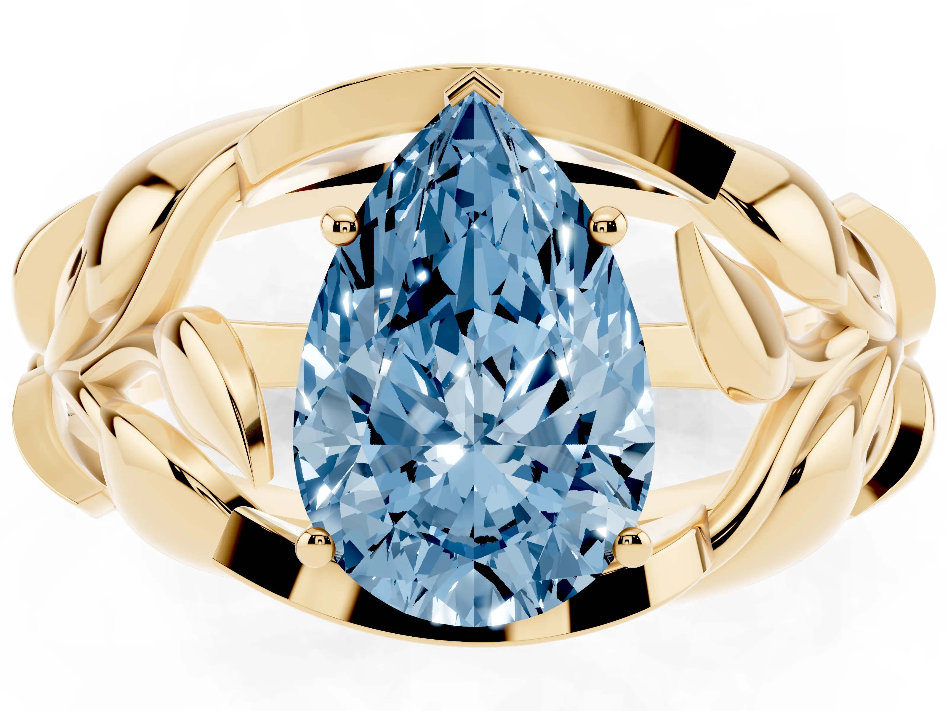 Fancy Blue Pear Cut Diamond Leaf-Inspired Engagement Ring Set in Yellow gold with Round Accents