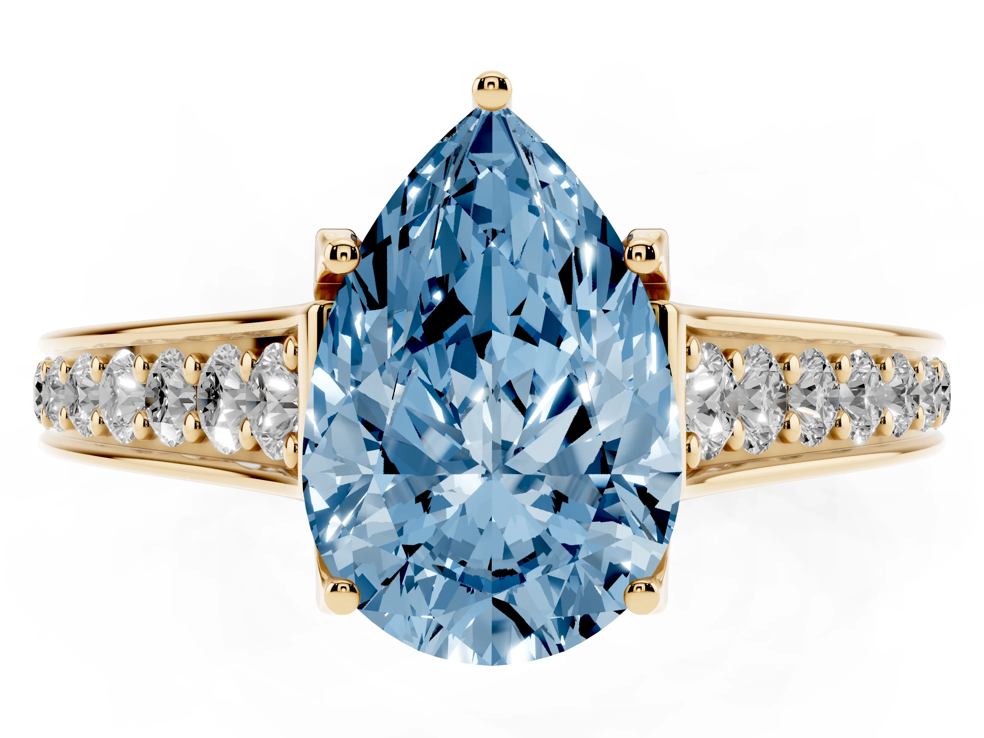 Fancy Blue Pear Cut Diamond Solitaire Pavé Engagement Ring Set in Yellow gold with Prong Setting