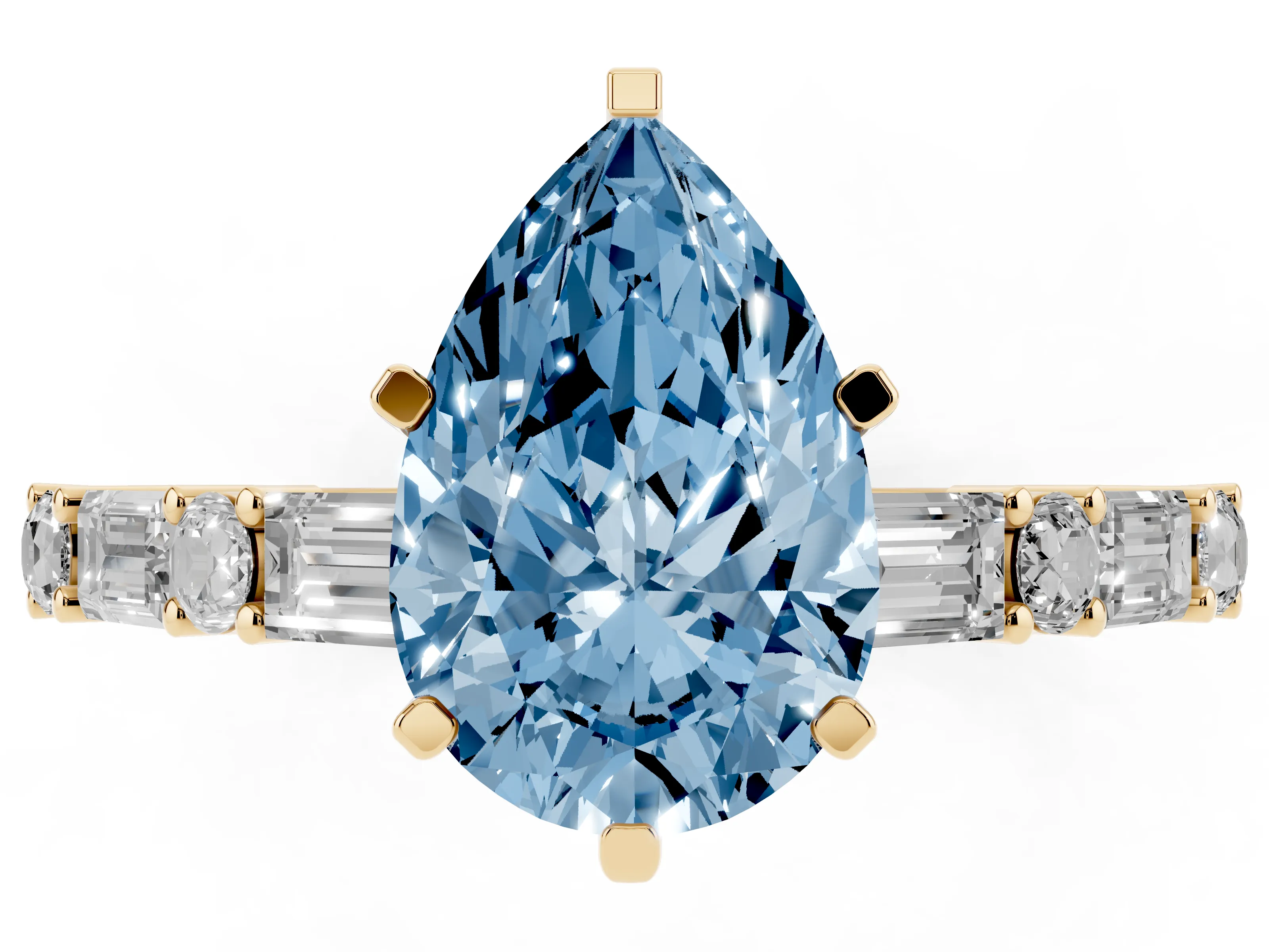 Fancy Blue Pear Cut Diamond Solitaire Set in Yellow gold with Side Baguettes and Channel Set Band