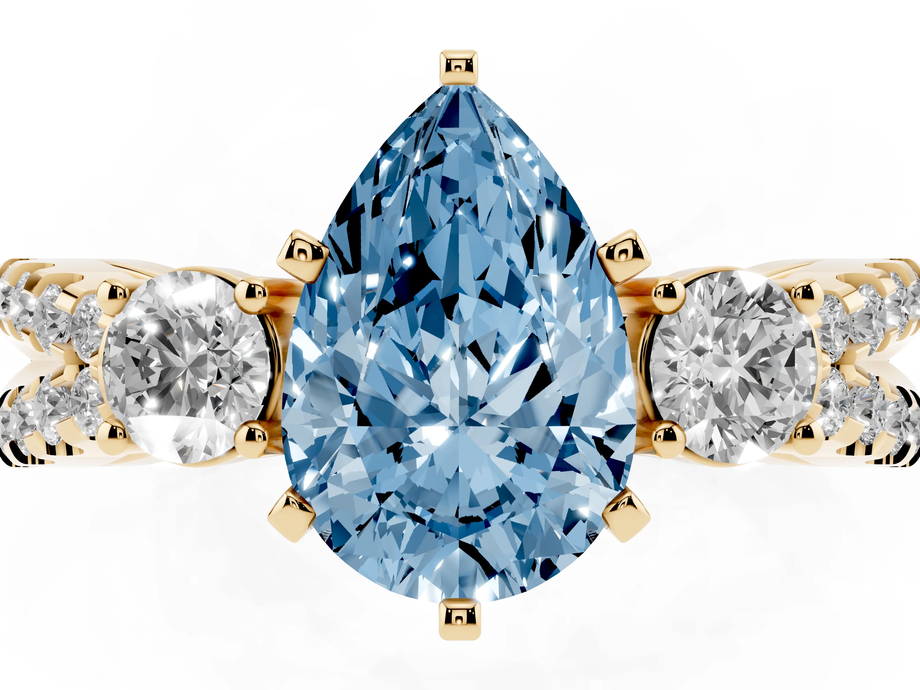 Fancy Blue Pear Cut Diamond Three-Stone Ring Set in Yellow gold with Pavé Split Shank and Prong Setting