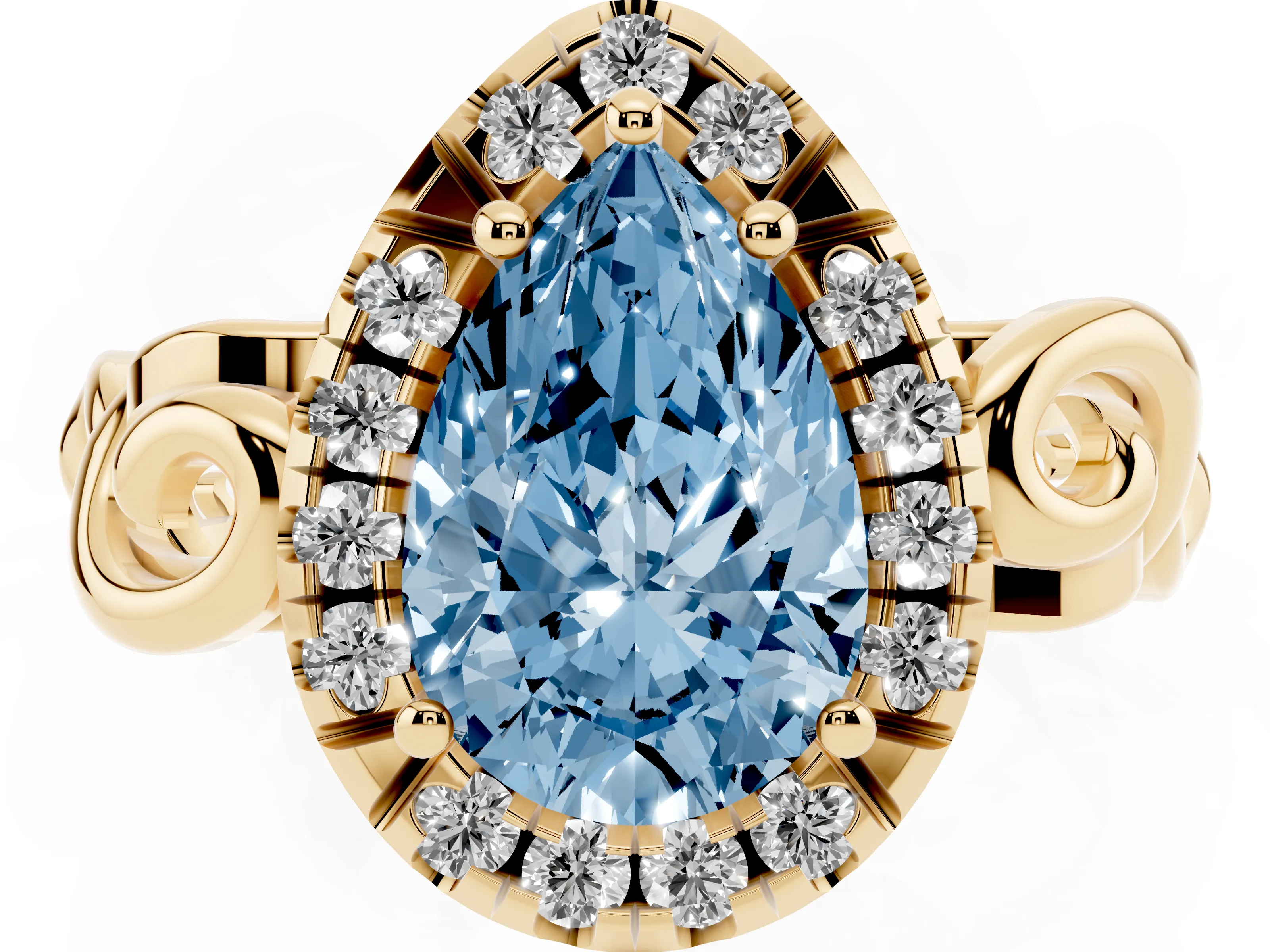 Fancy Blue Pear Cut Diamond Halo Ring Set in Yellow gold with Scrollwork Band and Prong Setting
