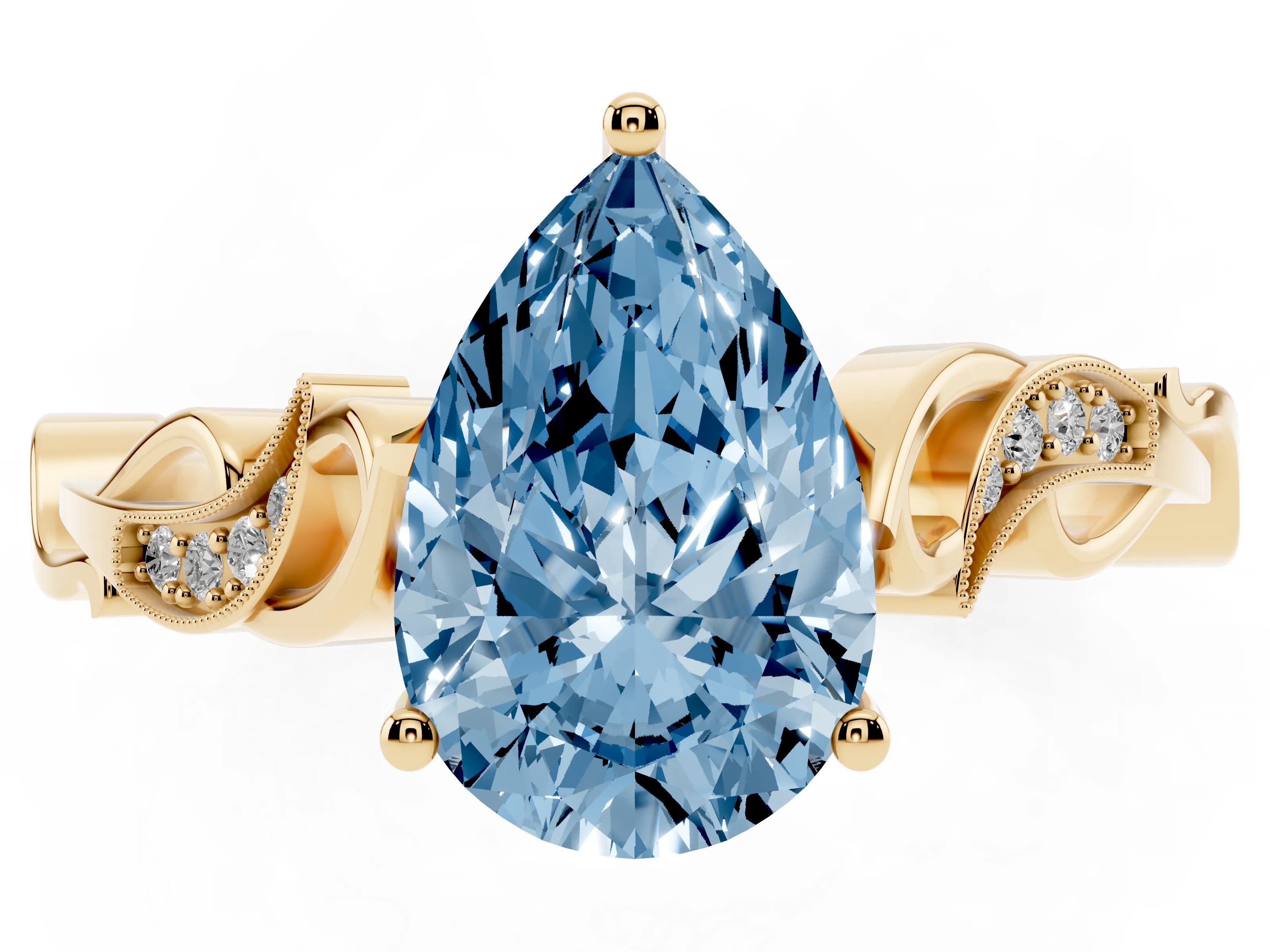 Fancy Blue Pear Cut Diamond Vine Band Solitaire Ring Set in Yellow gold with Milgrain Prong Setting