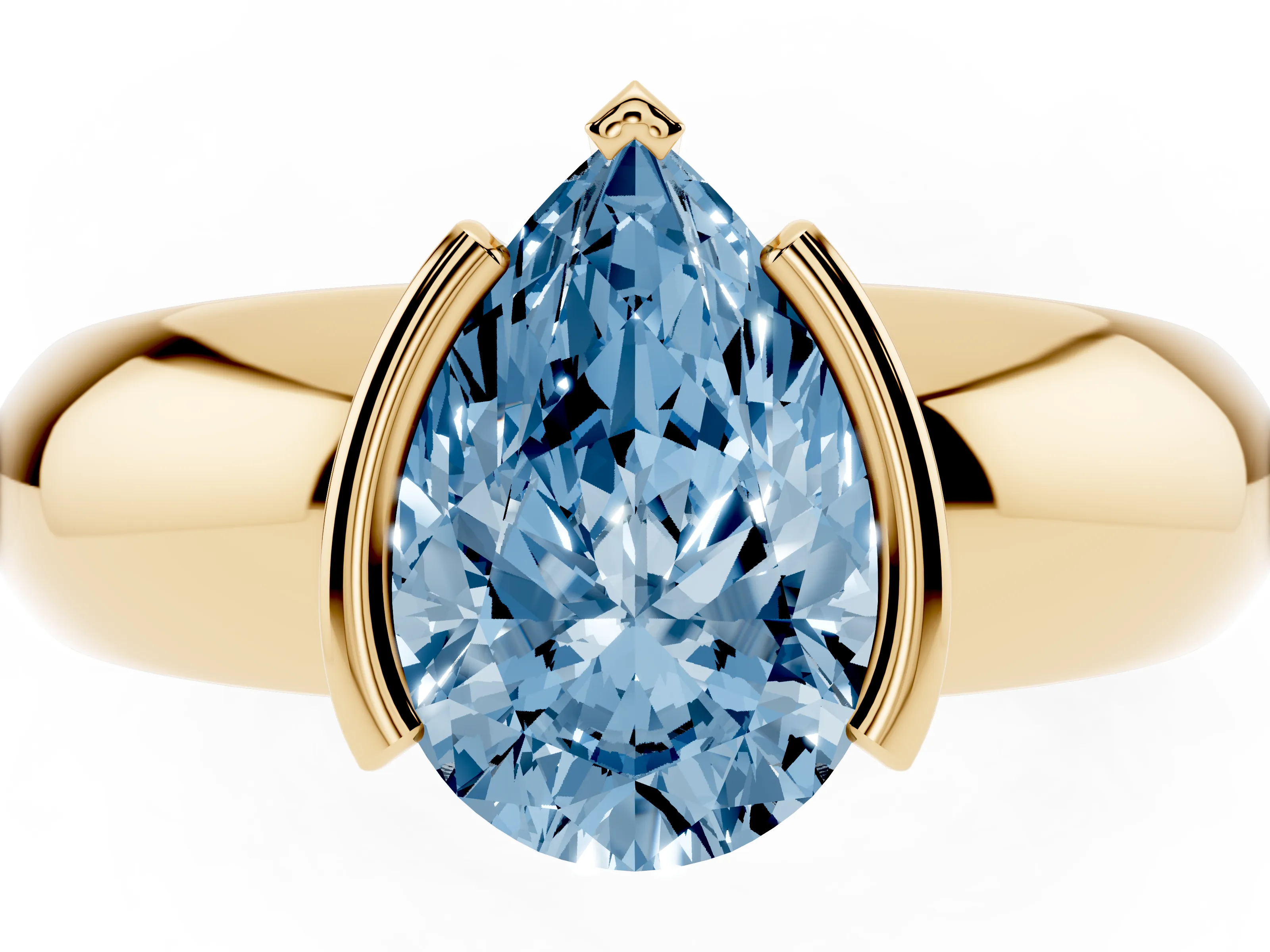 Fancy Blue Pear Cut Diamond Solitaire Tension Set Ring Set in Yellow gold with Wide Band