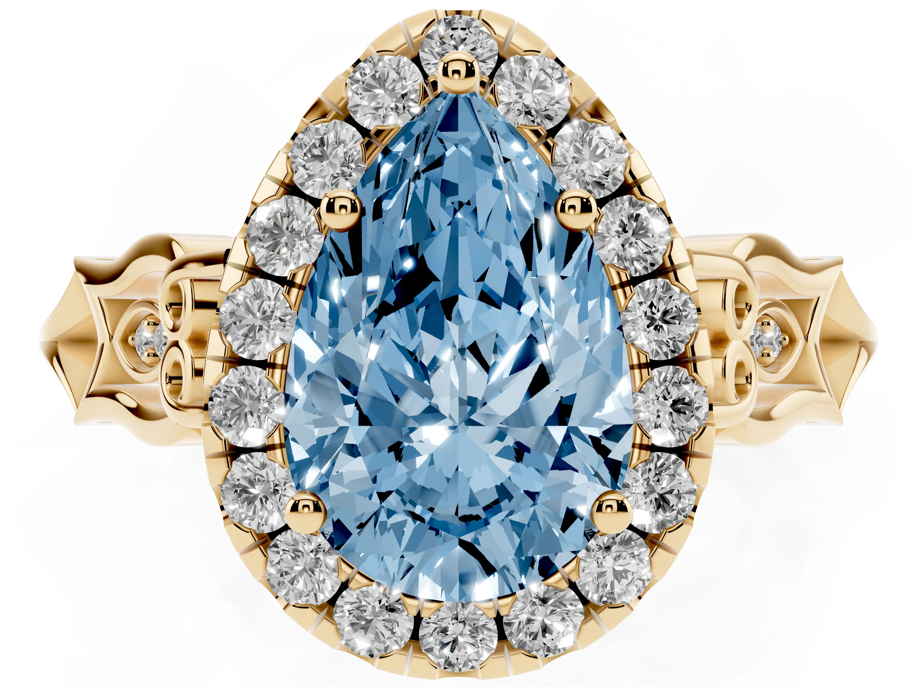 Fancy Blue Pear Cut Diamond Halo Engagement Ring Set in Yellow gold with Filigree Band and Prong-Set Center