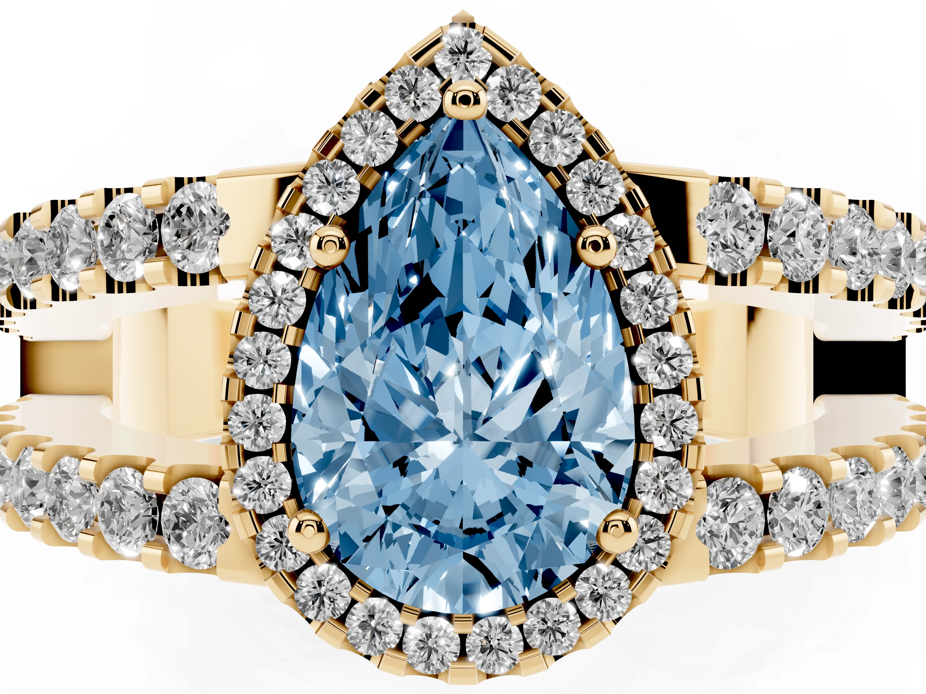 Fancy Blue Pear Cut Diamond Halo Ring Set in Yellow gold with Pavé Split Shank and Prong Setting