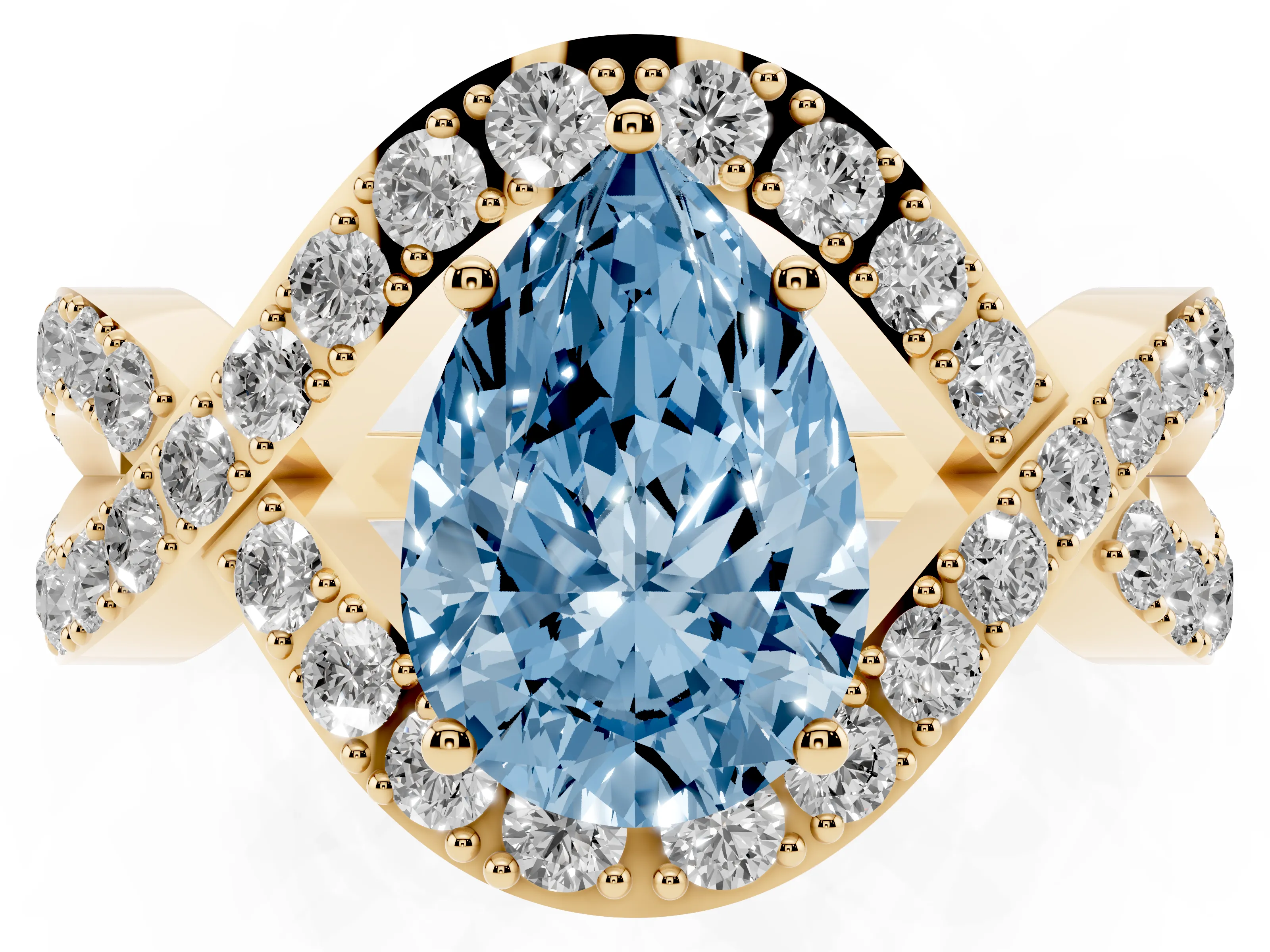 Fancy Blue Pear Cut Diamond Solitaire Twist Band Pavé Engagement Ring Set in Yellow gold