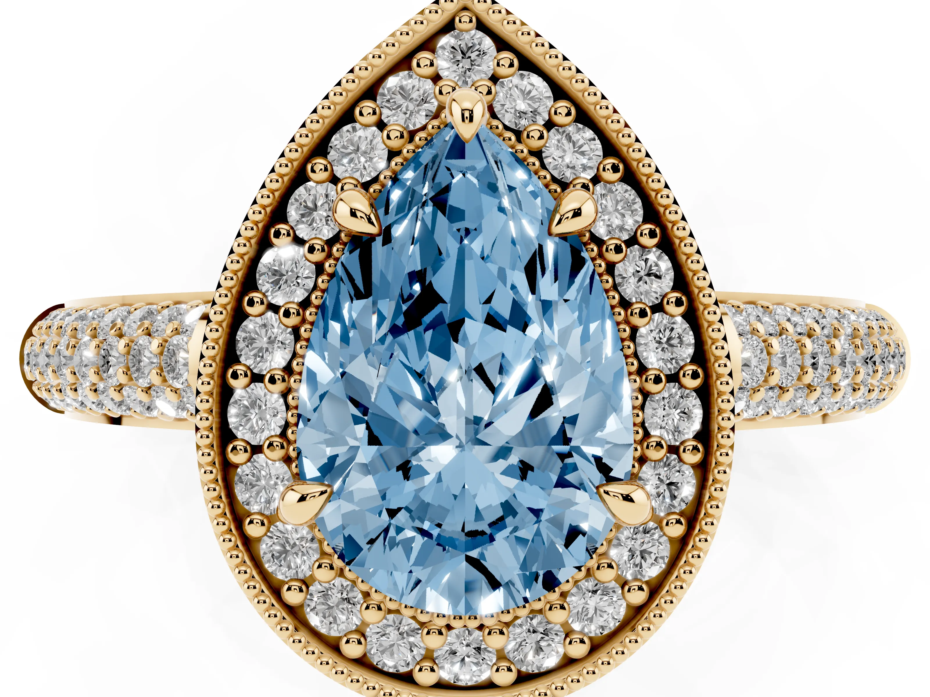 Fancy Blue Pear Cut Diamond Halo Pavé Band Set in Yellow gold with Prong Setting