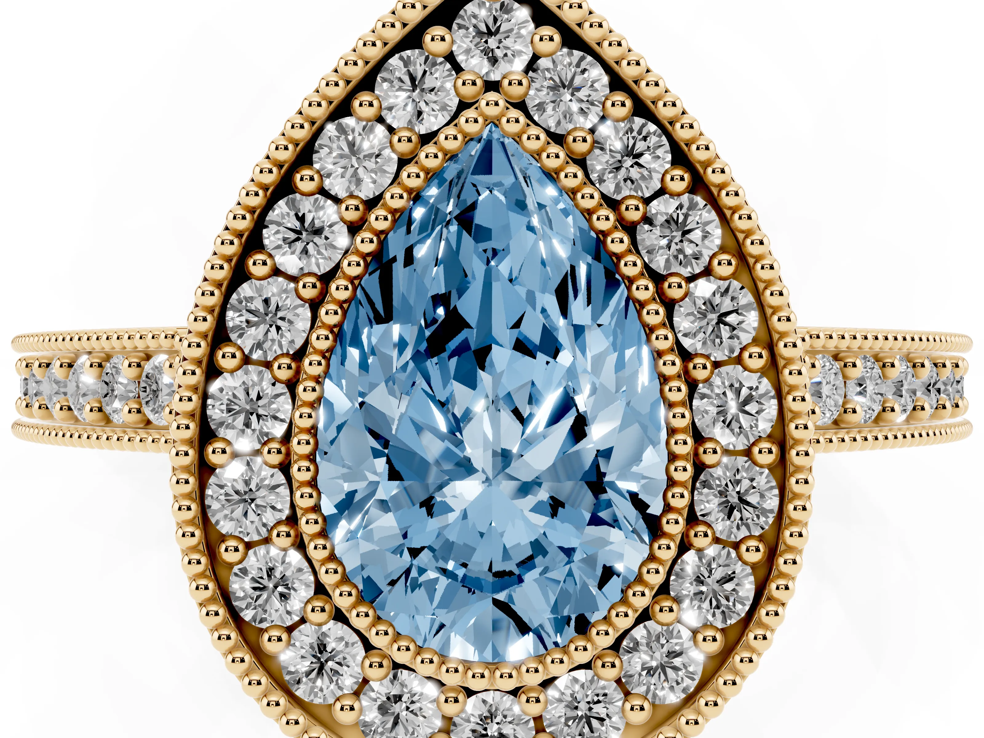 Fancy Blue Pear Cut Diamond Halo Engagement Ring Set in Yellow gold with Pavé Band and Round Halo Stones