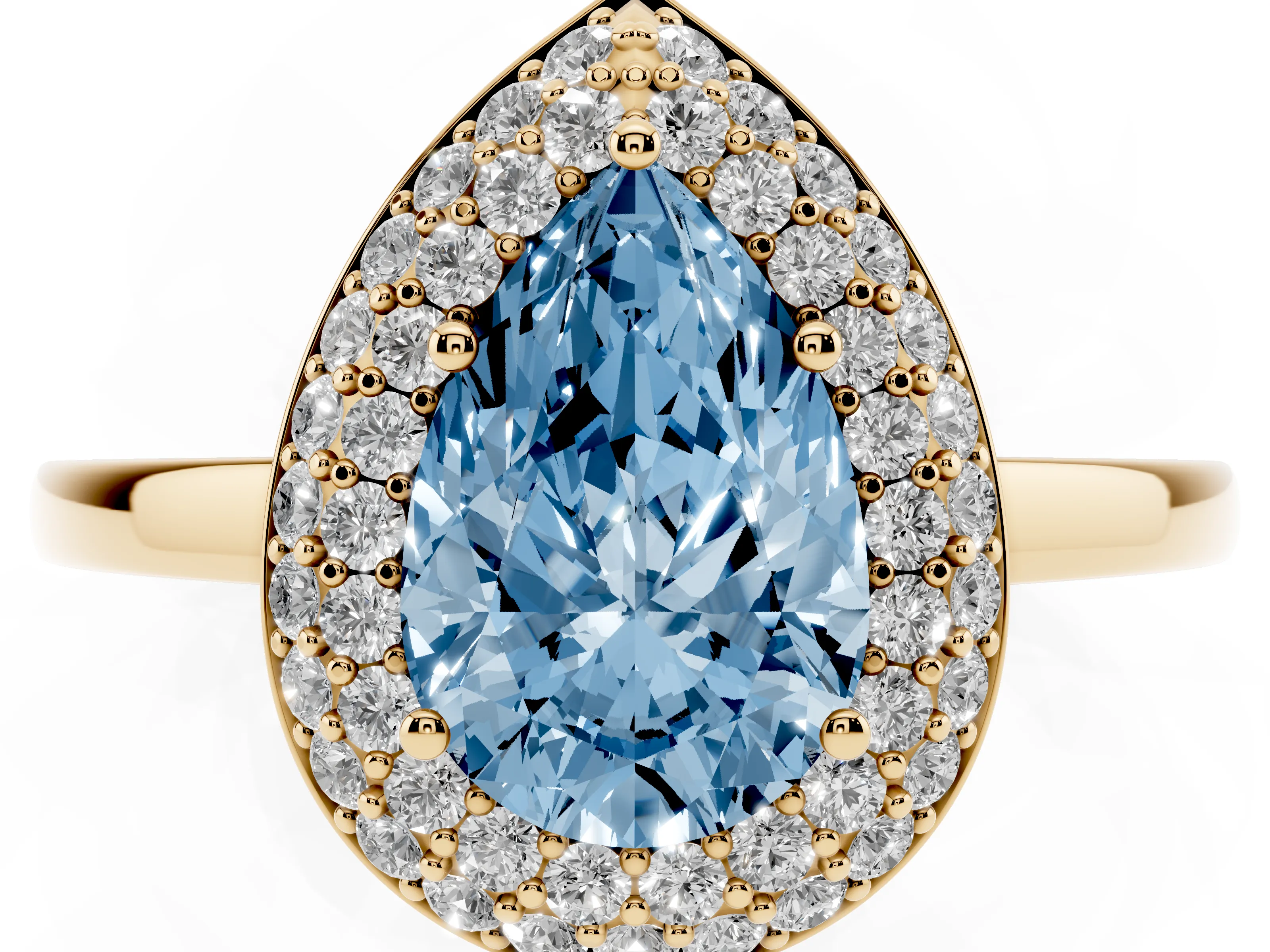 Fancy Blue Pear Cut Diamond Halo Engagement Ring Set in Yellow gold with Solitaire Band and Prong Setting