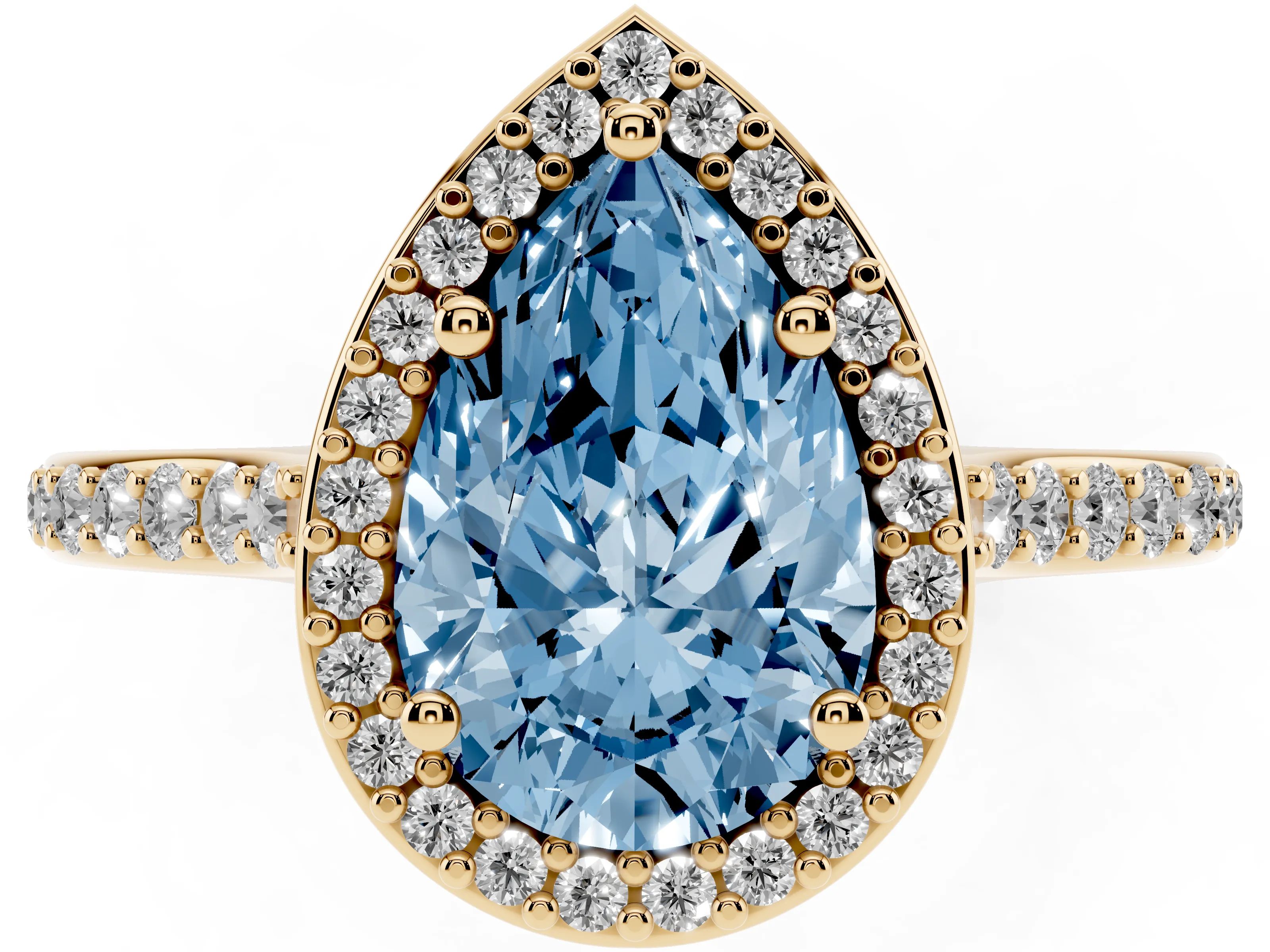Fancy Blue Pear Cut Diamond Halo Engagement Ring Set in Yellow gold with Round Pavé Shoulders and Heart Gallery