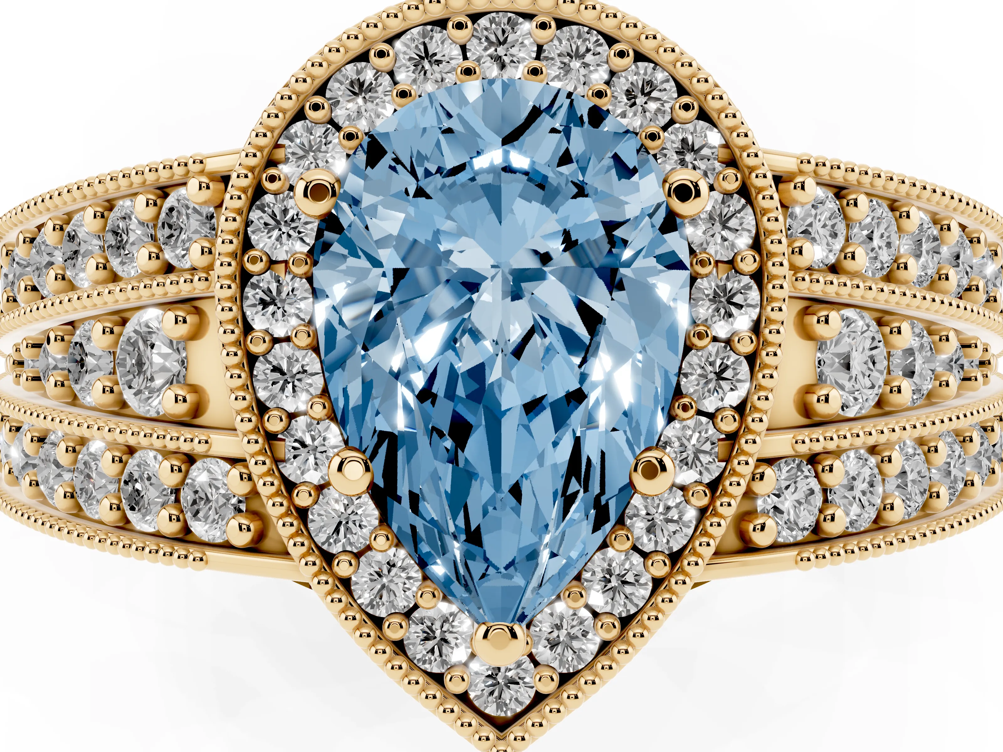Fancy Blue Pear Cut Diamond Halo Ring Set in Yellow gold with Accent Split Shank and Prong Setting