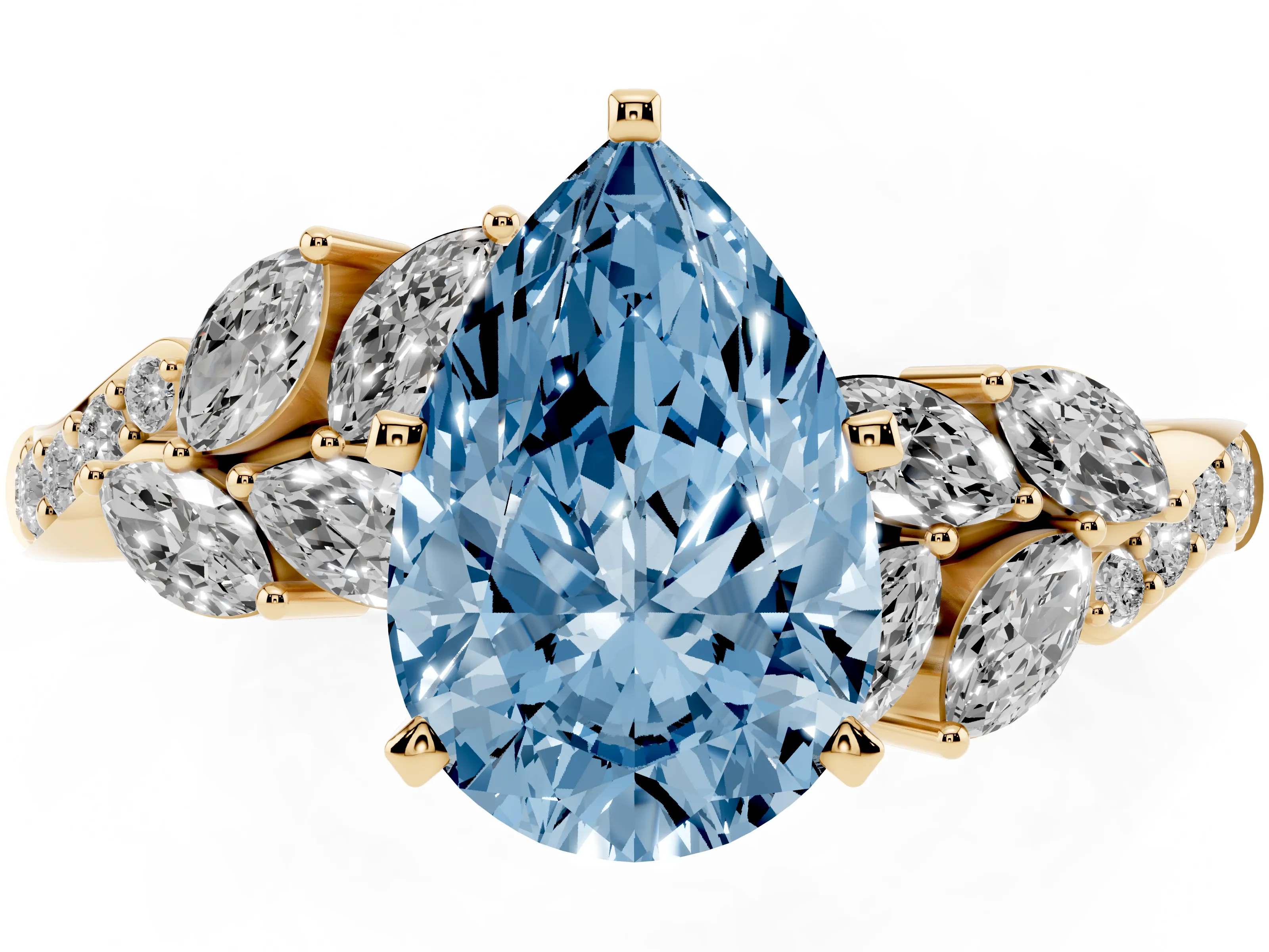 Fancy Blue Pear Cut Diamond Solitaire Ring Set in Yellow gold with Marquise Twist Band and Prong Setting