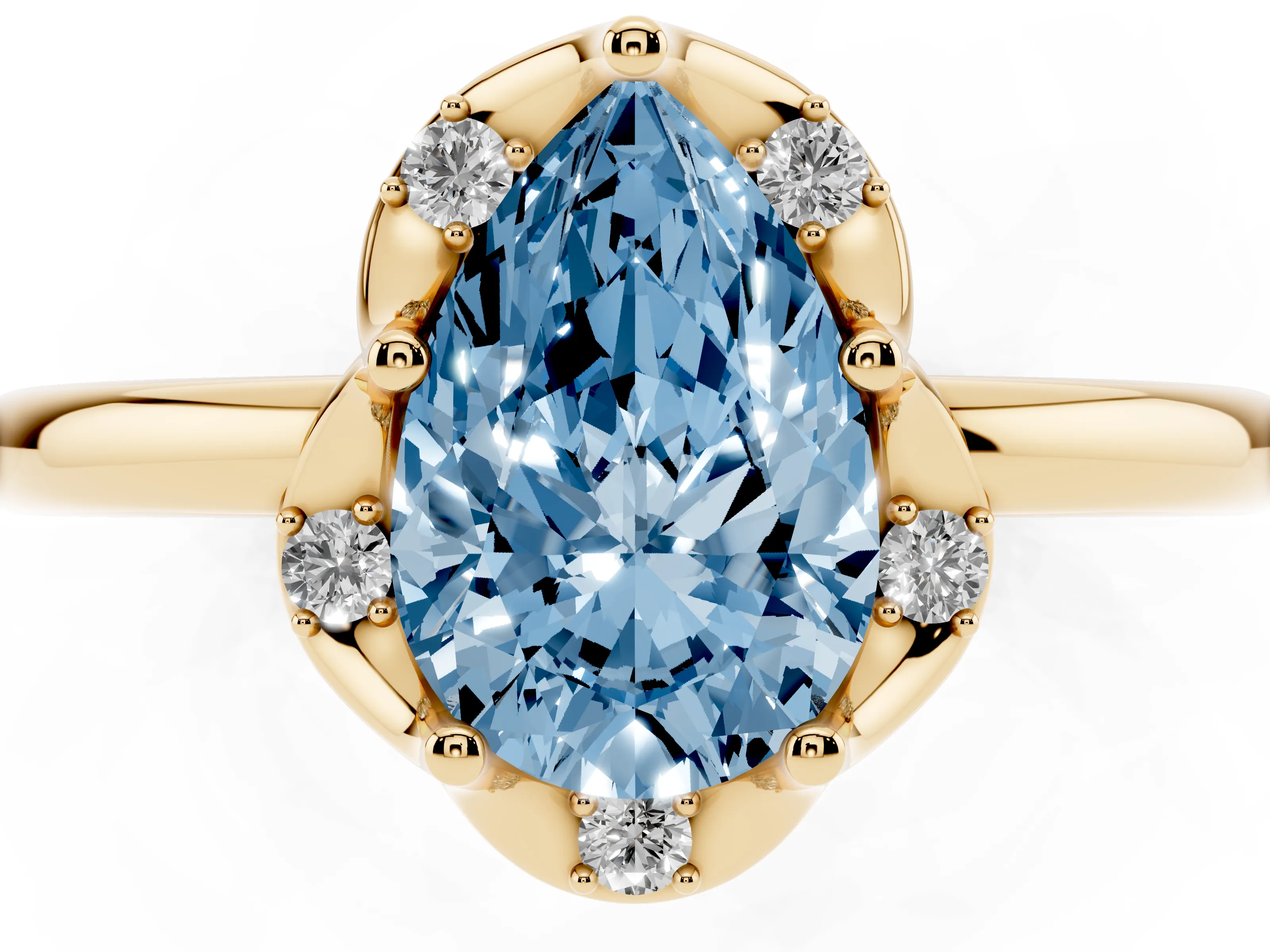 Fancy Blue Pear Cut Diamond Round Cluster Halo Ring Set in Yellow gold with Solitaire Band and Prong Setting