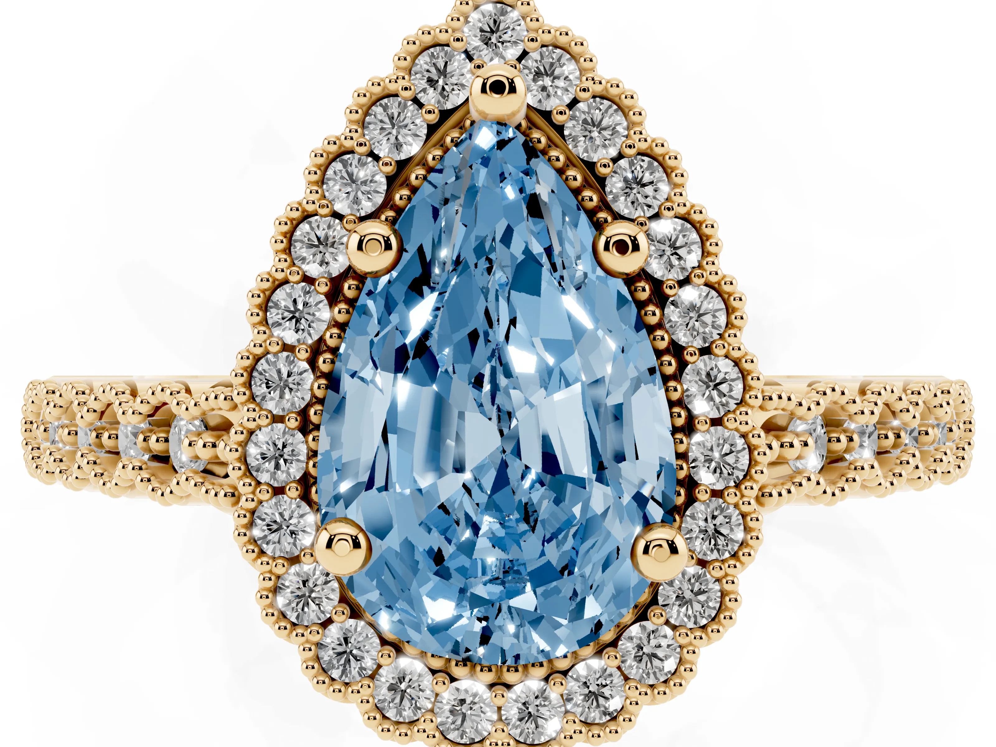 Fancy Blue Pear Cut Diamond Halo Ring Set in Yellow gold with Pavé Milgrain Band