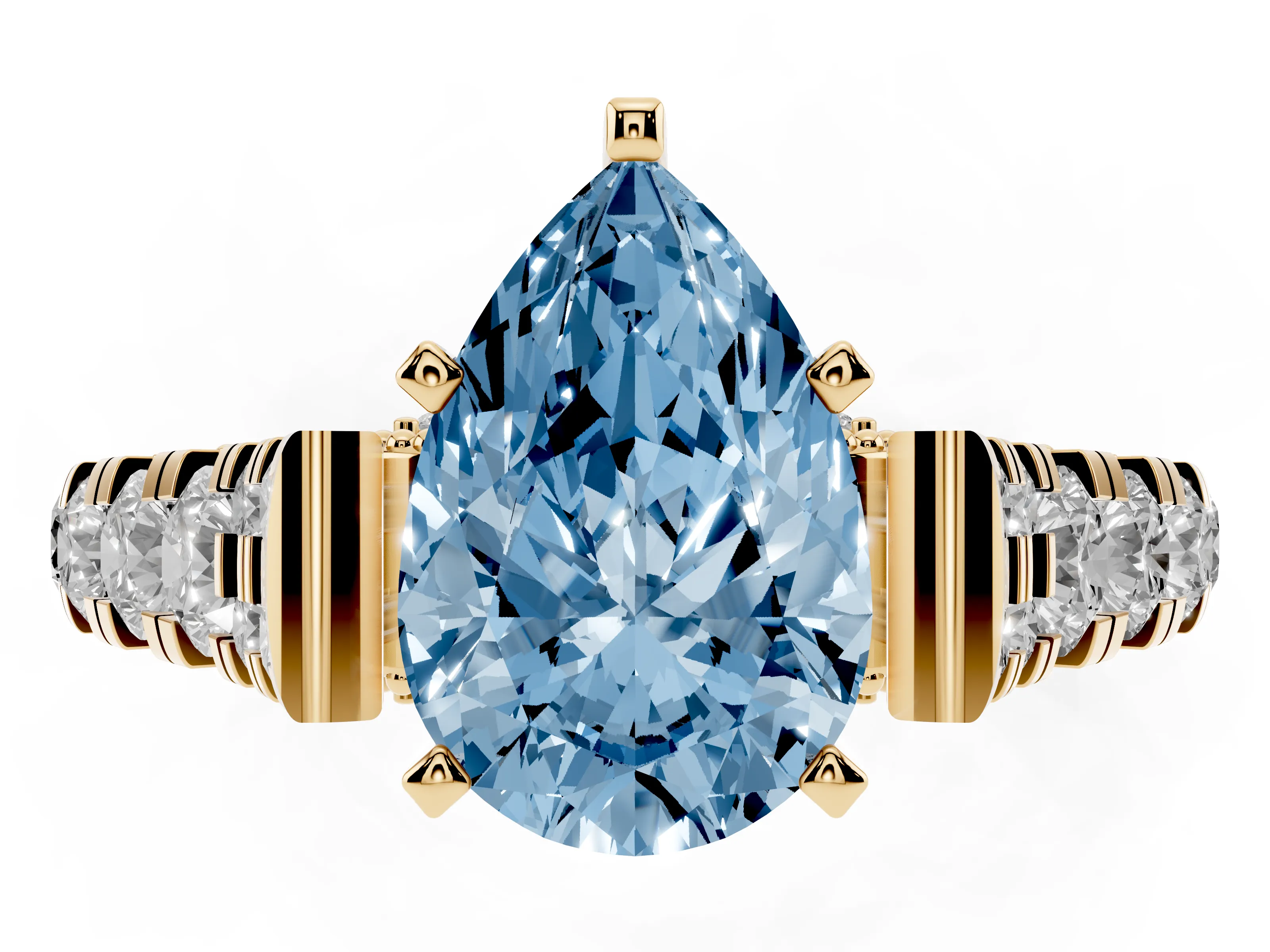 Fancy Blue Pear Cut Diamond Classic Solitaire Ring Set in Yellow gold with Pavé Band and Prong Setting