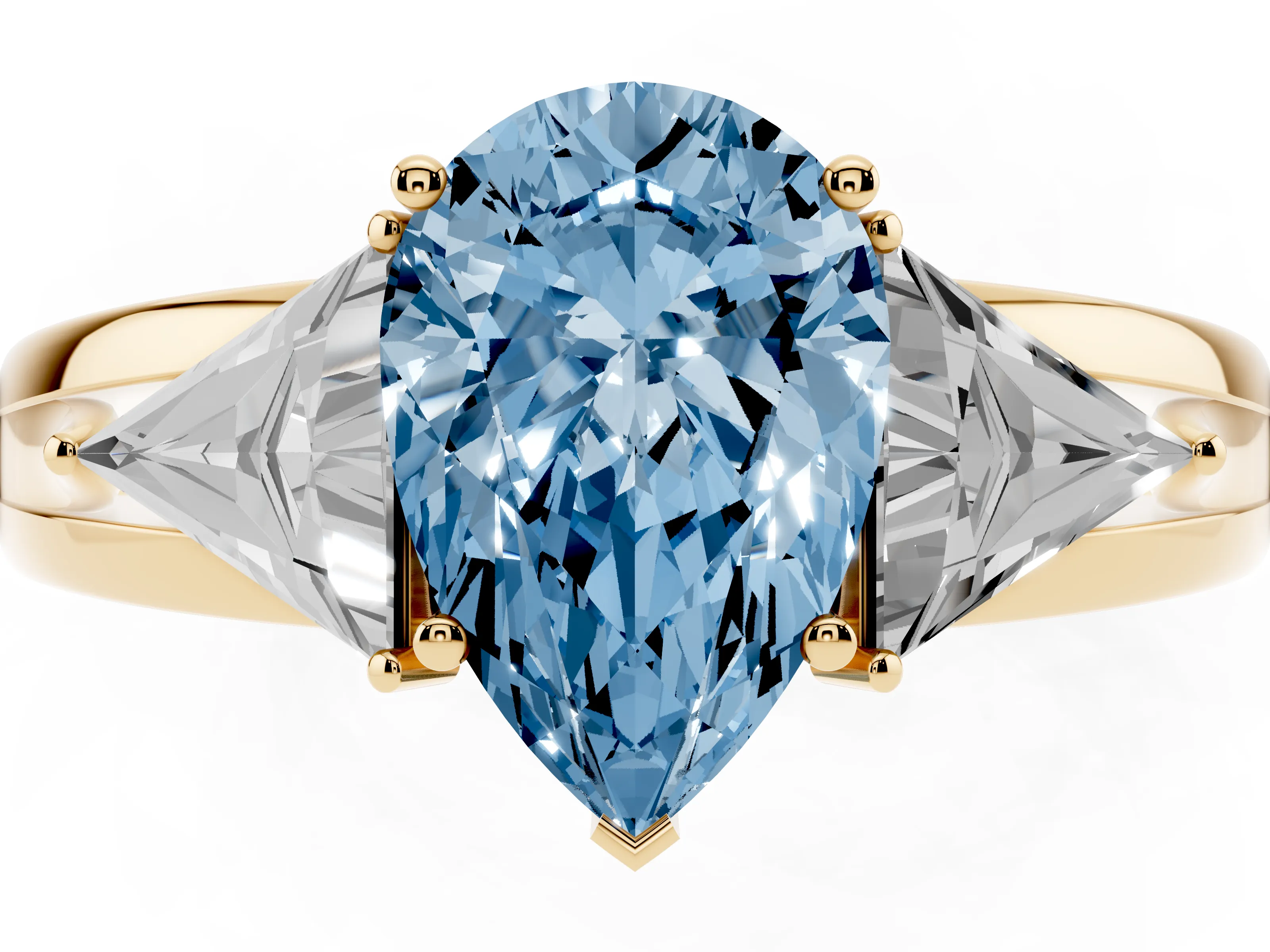 Fancy Blue Pear Cut Diamond Three-Stone Ring Set in Yellow gold with Trillion Side Stones and Split Shank