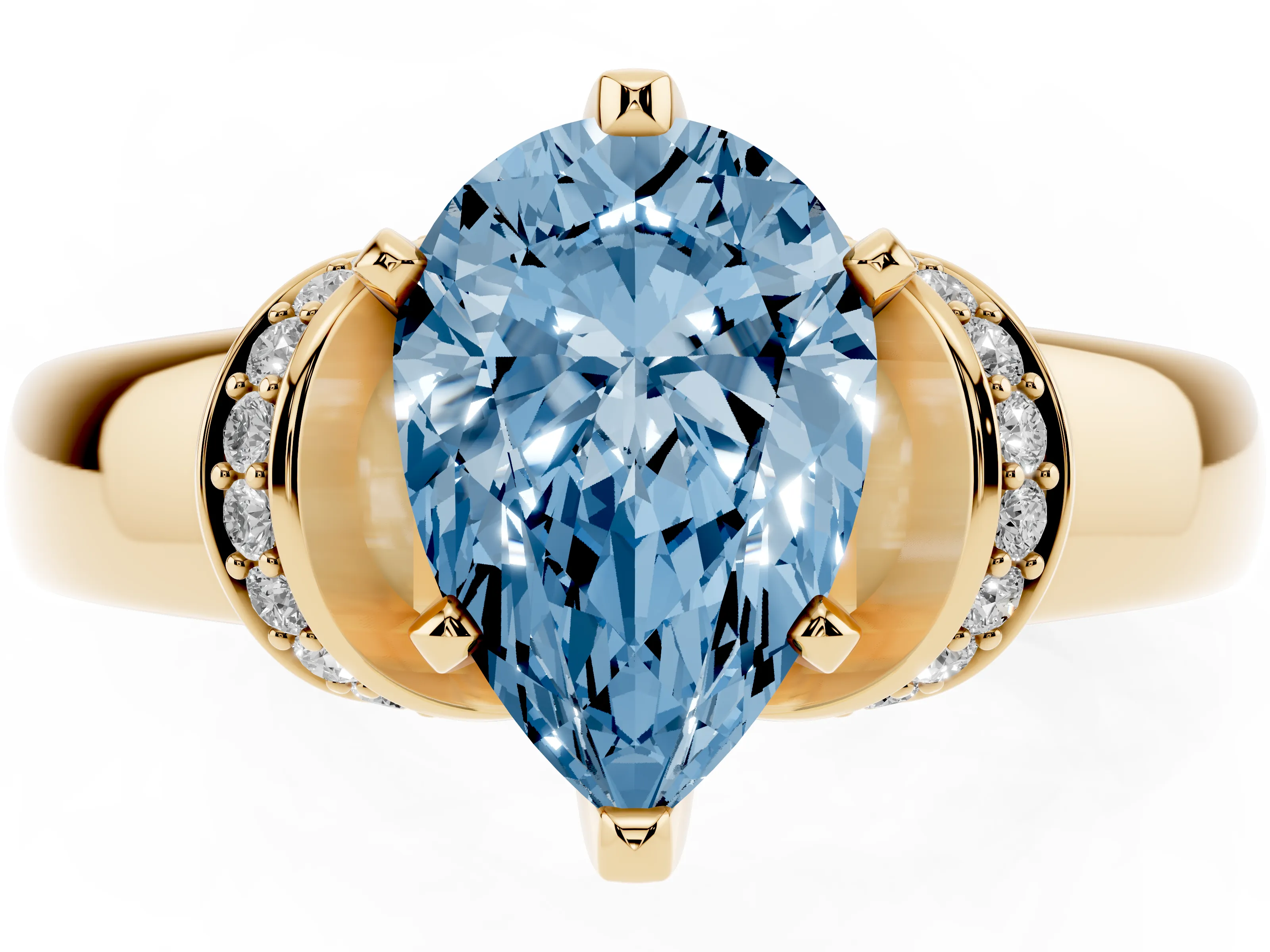 Fancy Blue Pear Cut Diamond Pavé Band Solitaire Ring Set in Yellow gold with Prong Setting