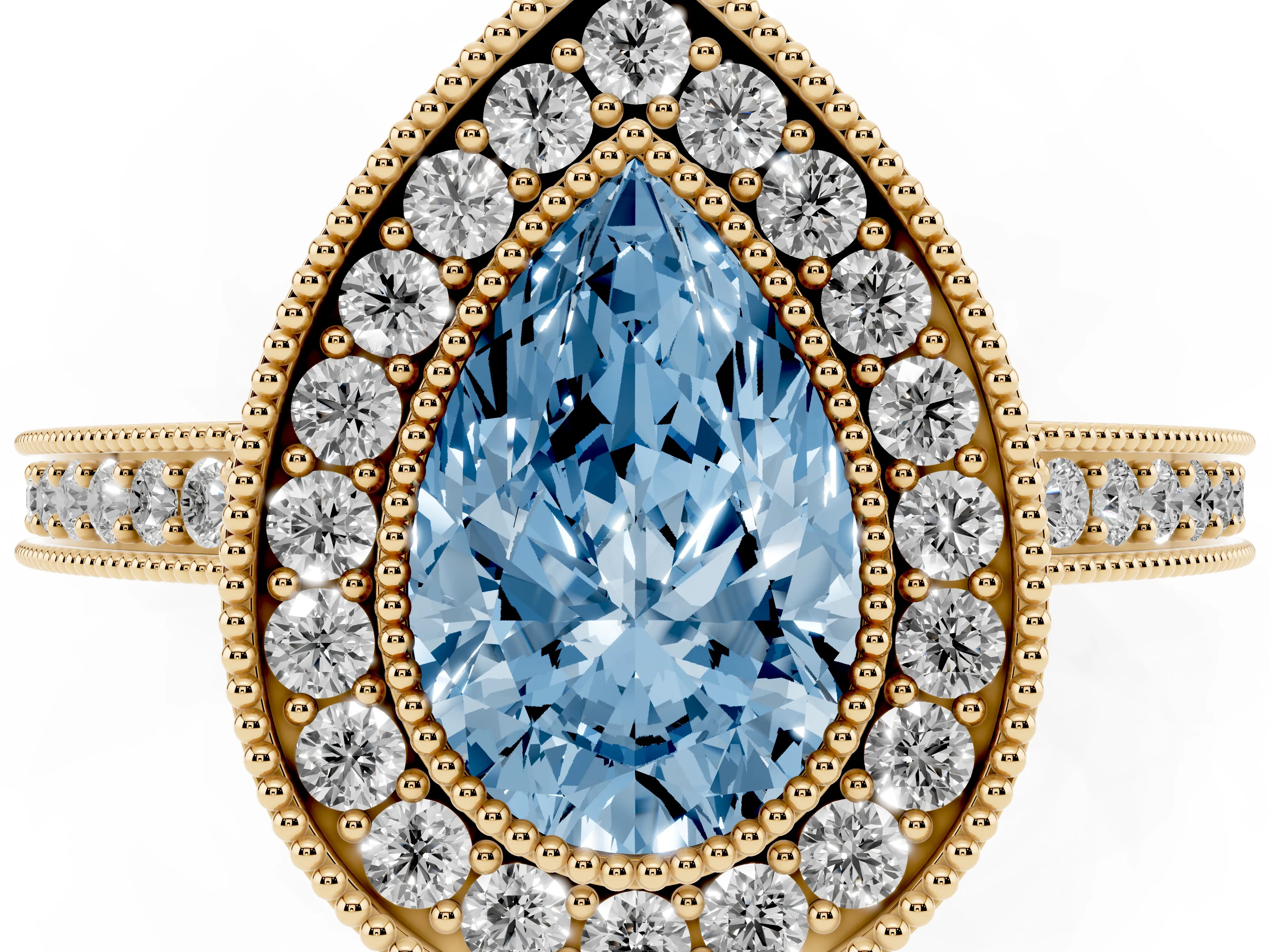 Fancy Blue Pear Cut Diamond Round Halo Ring Set in Yellow gold with Pavé Band