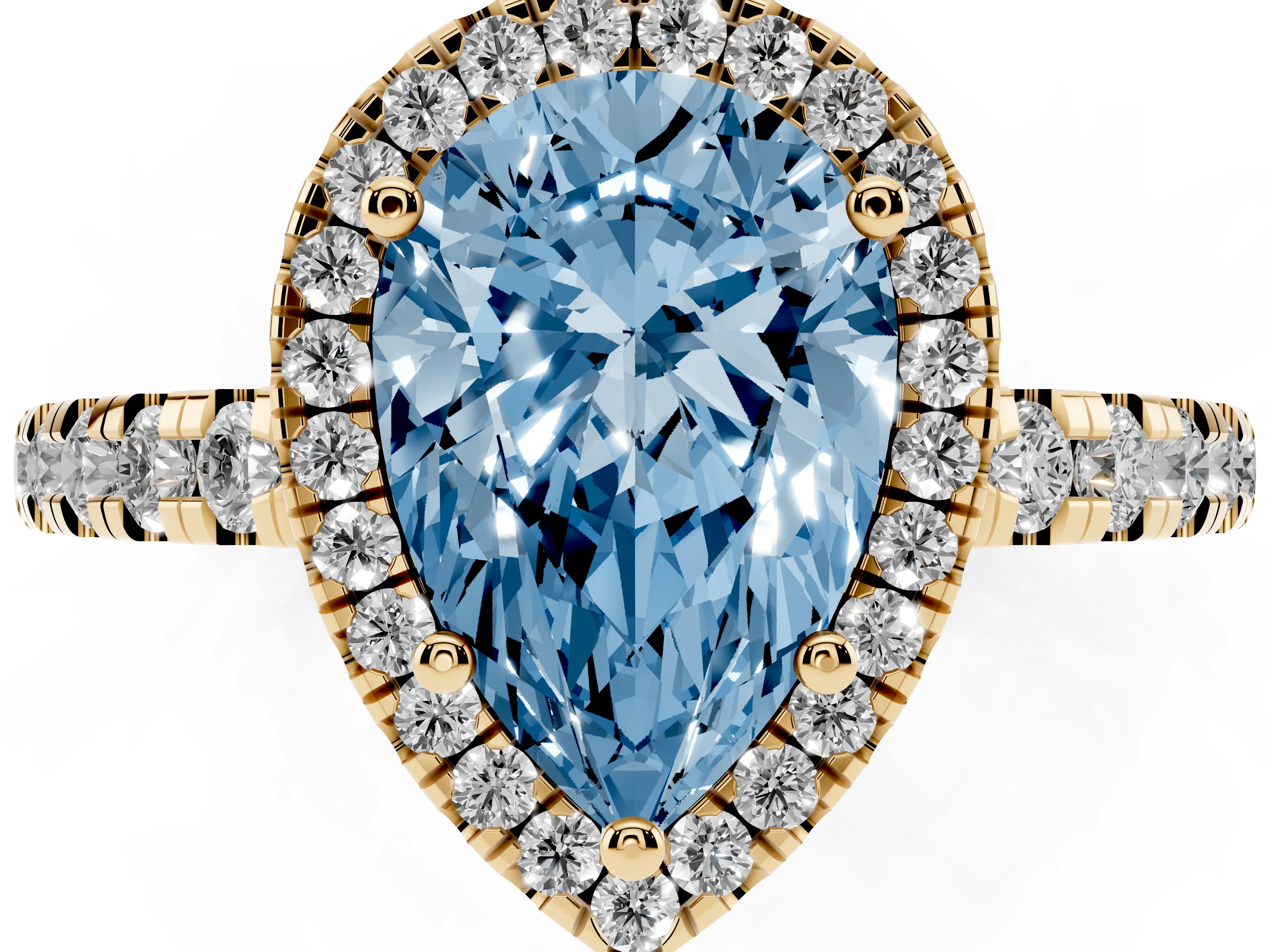 Fancy Blue Pear Cut Diamond Halo Ring Set in Yellow gold with Delicate Pavé Band and Prong Setting
