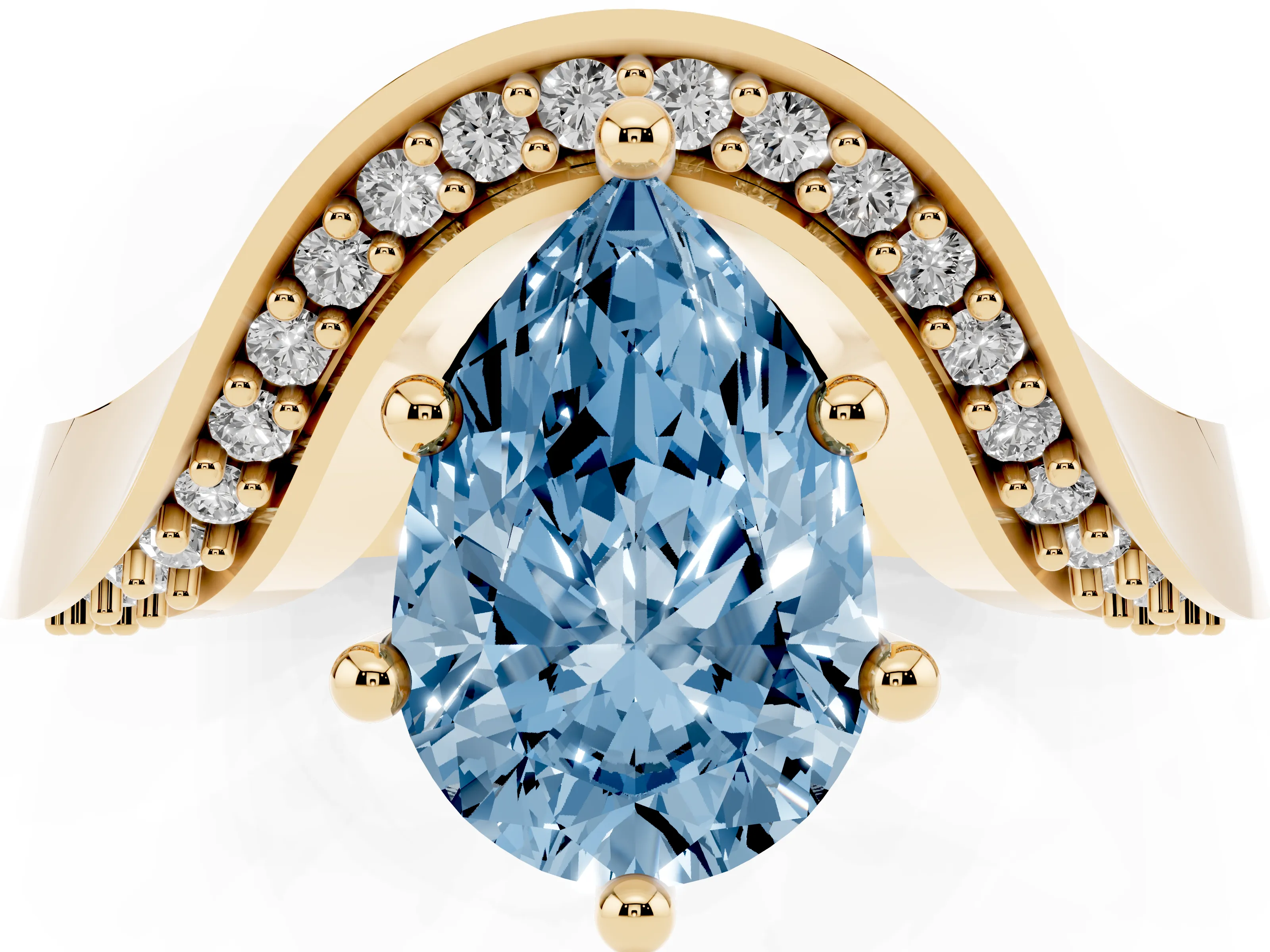 Fancy Blue Pear Cut Diamond Solitaire Engagement Ring Set in Yellow gold with Pavé Shoulders