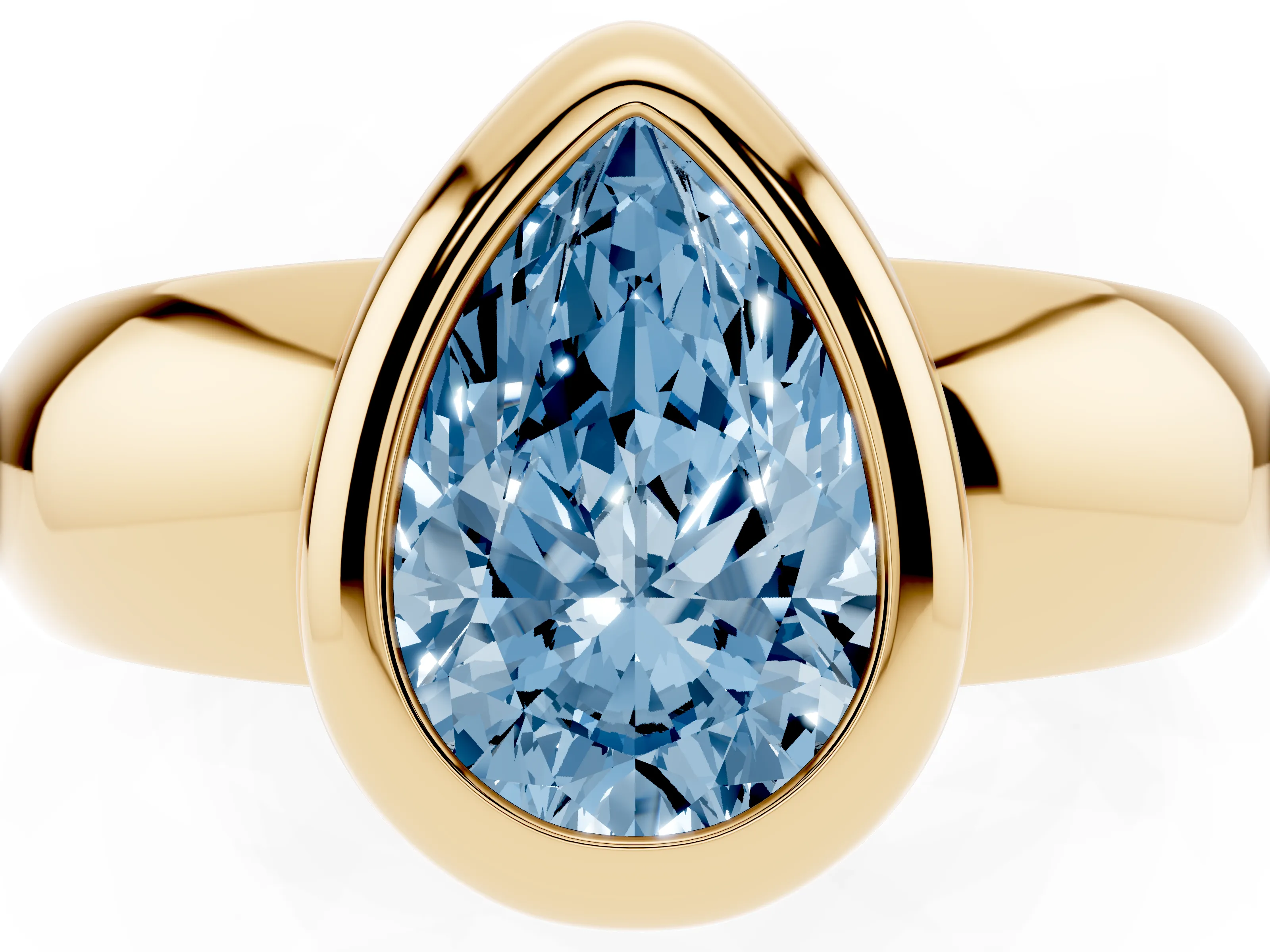 Fancy Blue Bezel Set Pear Cut Diamond Solitaire Ring Set in Yellow gold with Wide Band