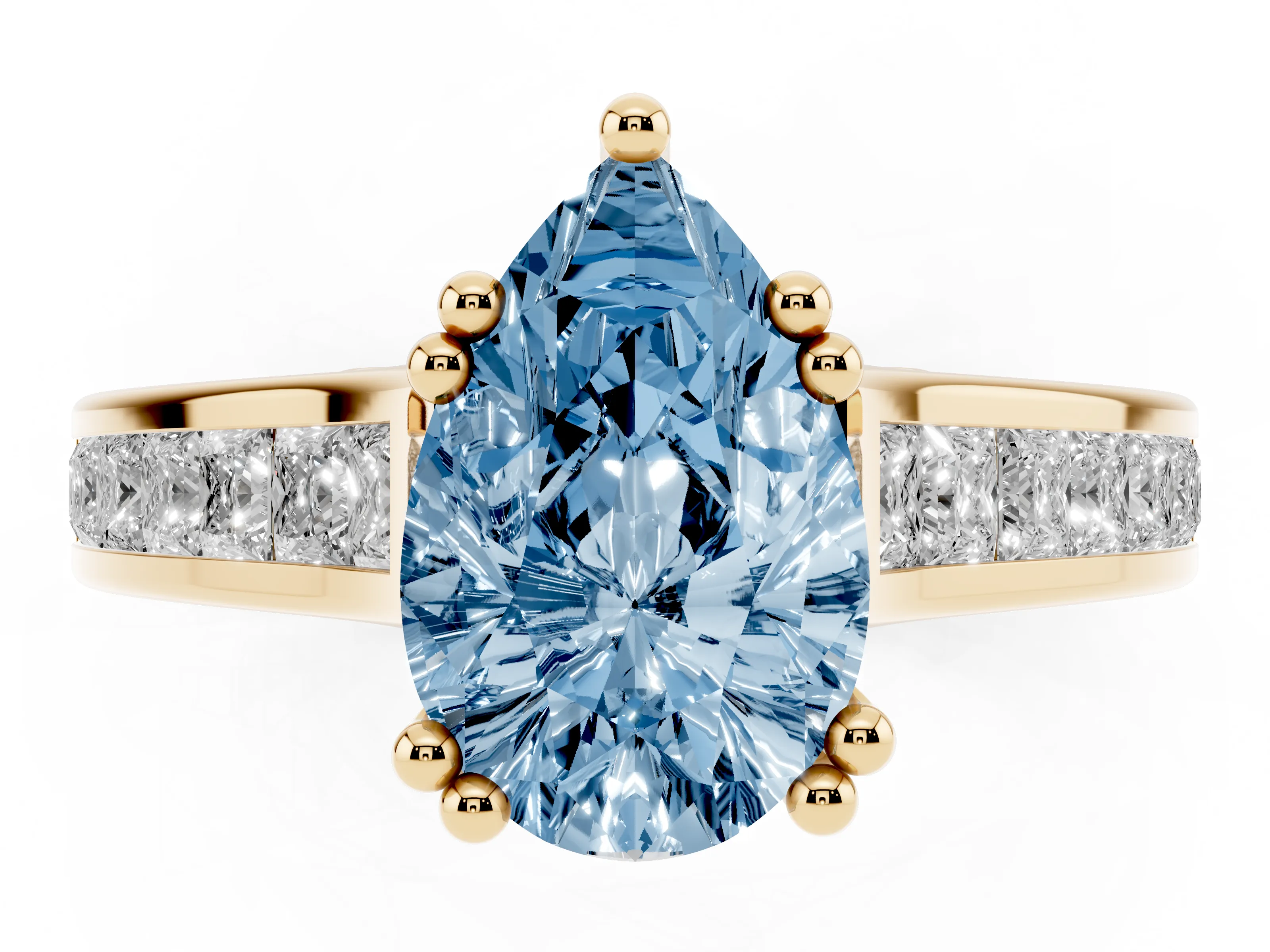 Fancy Blue Pear Cut Diamond Channel Set Solitaire Engagement Ring Set in Yellow gold with Prong Setting