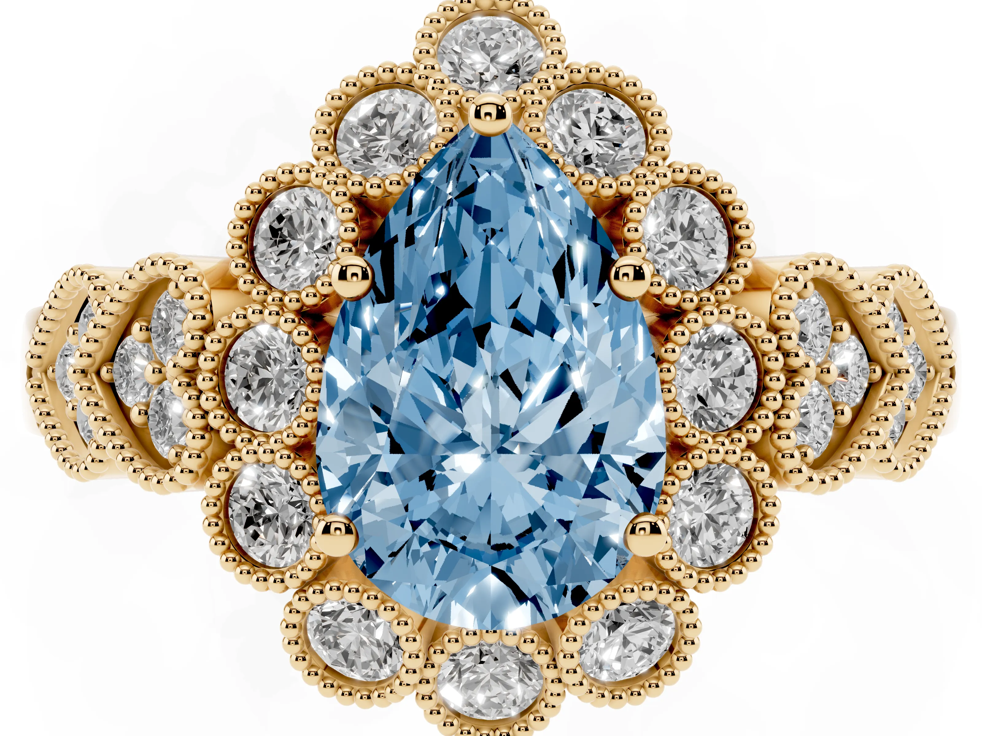 Fancy Blue Pear Cut Diamond Solitaire Ring Set in Yellow gold with Milgrain Pavé Heart Band