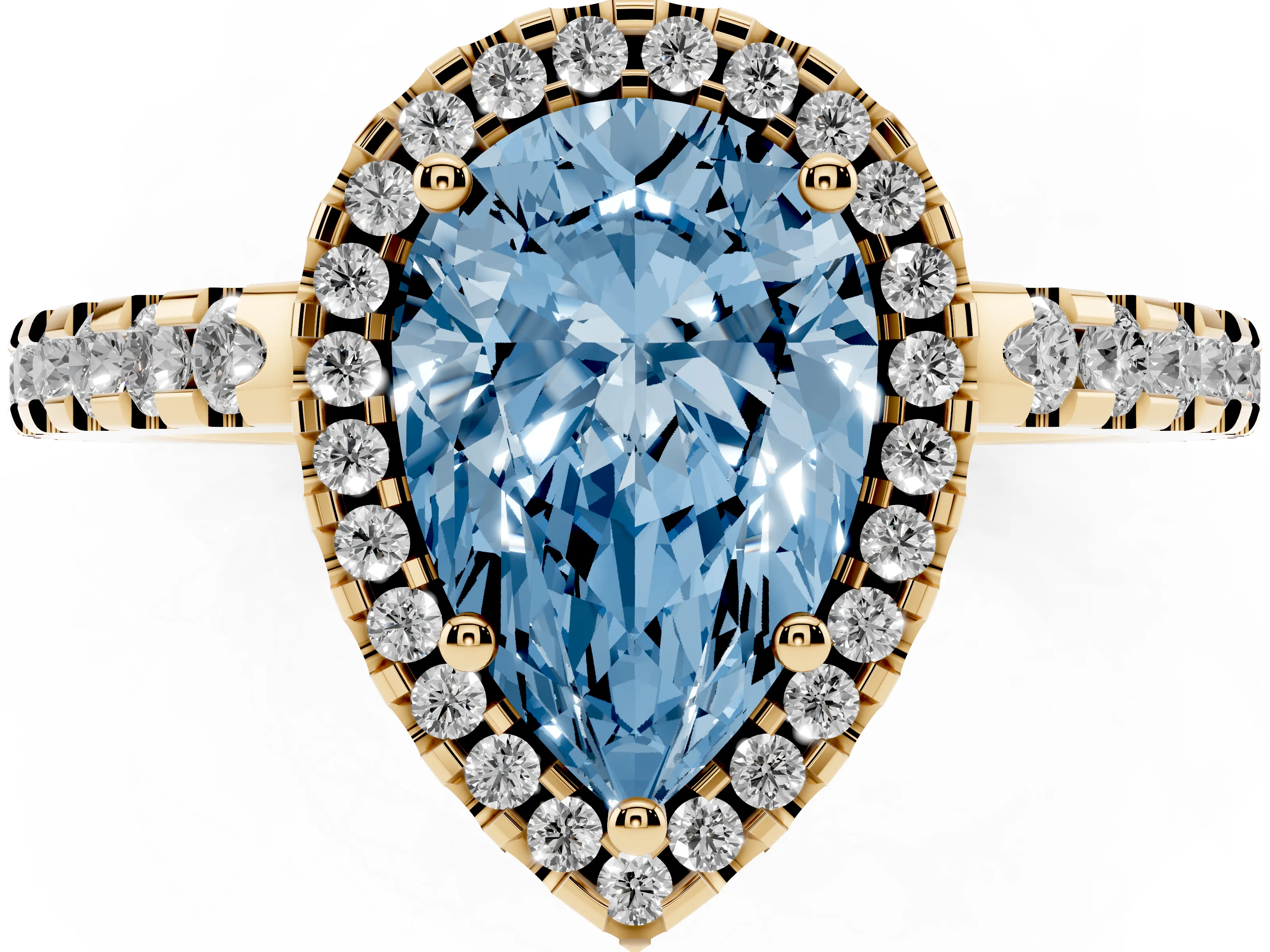 Fancy Blue Pear Cut Diamond Halo Ring Set in Yellow gold with Pavé Shoulders and Halo-Framed Center