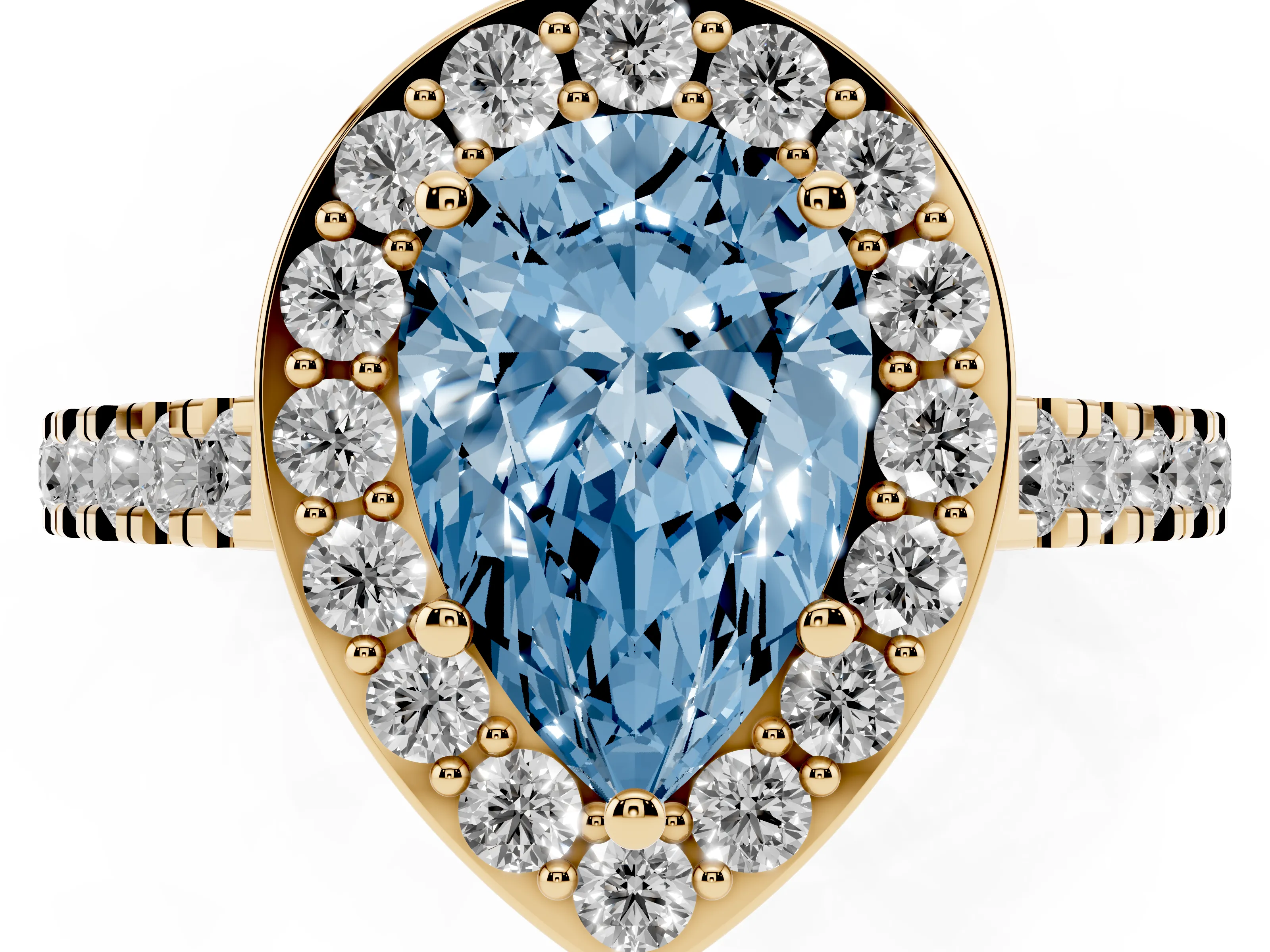 Fancy Blue Pear Cut Diamond Halo Ring Set in Yellow gold with Round Pavé Split Shank and Prong Setting