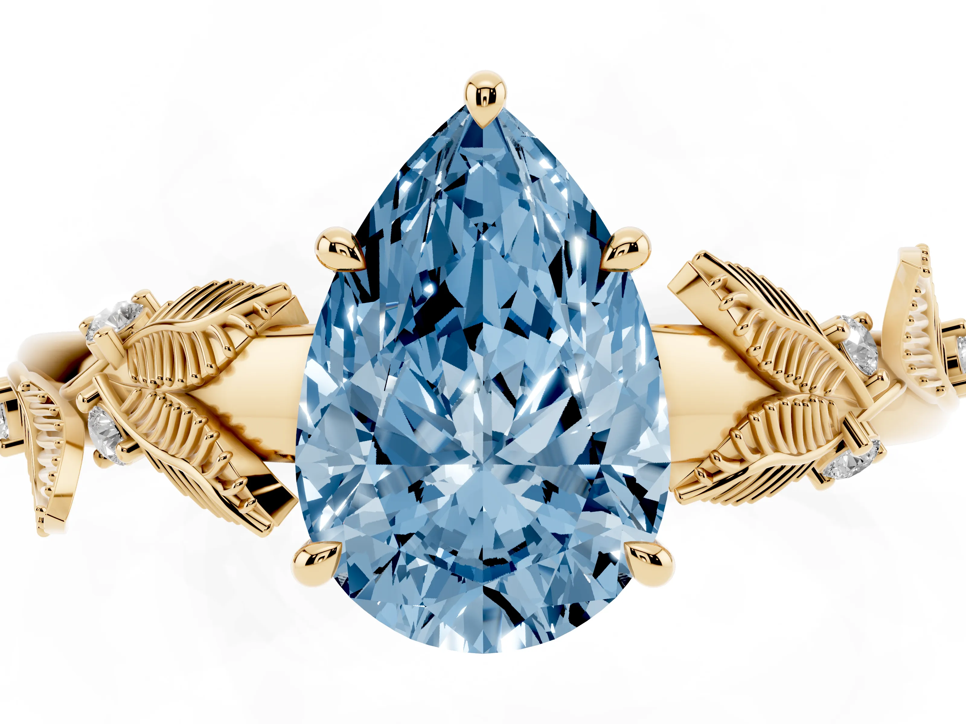 Fancy Blue Pear Cut Diamond Solitaire Ring Set in Yellow gold with Leaf Motif Band