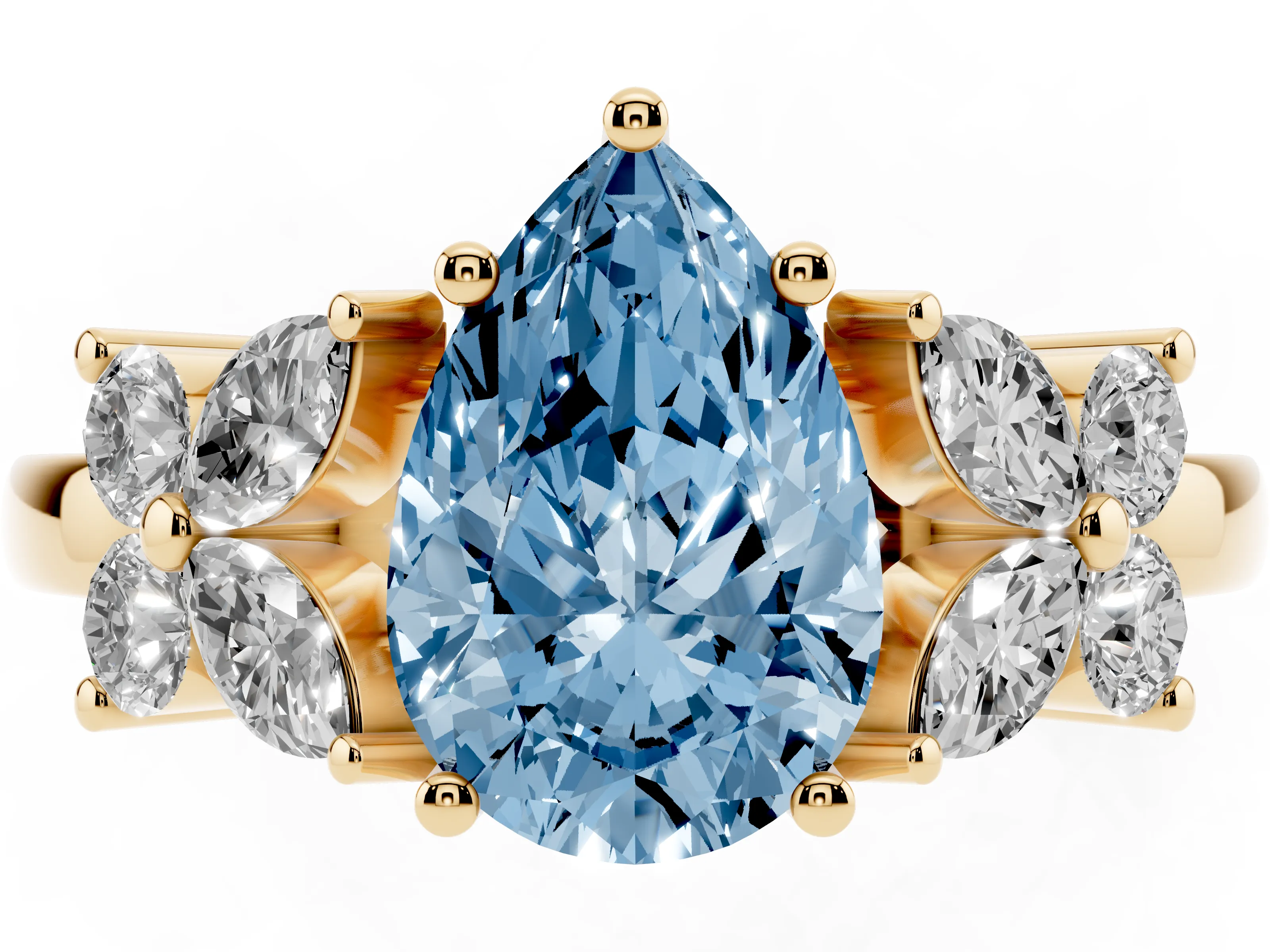 Fancy Blue Pear Cut Diamond Floral Cluster Ring Set in Yellow gold with Marquise Petals and Prong Setting