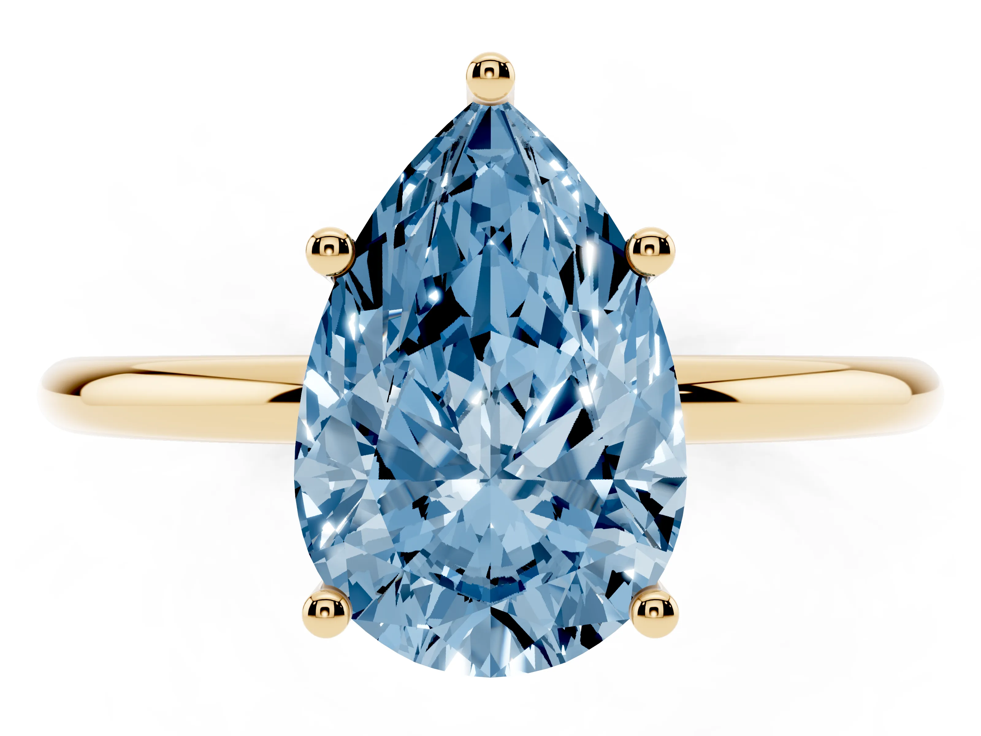 Fancy Blue Pear Cut Diamond Solitaire Engagement Ring Set in Yellow gold with Thin Band and Prong Setting