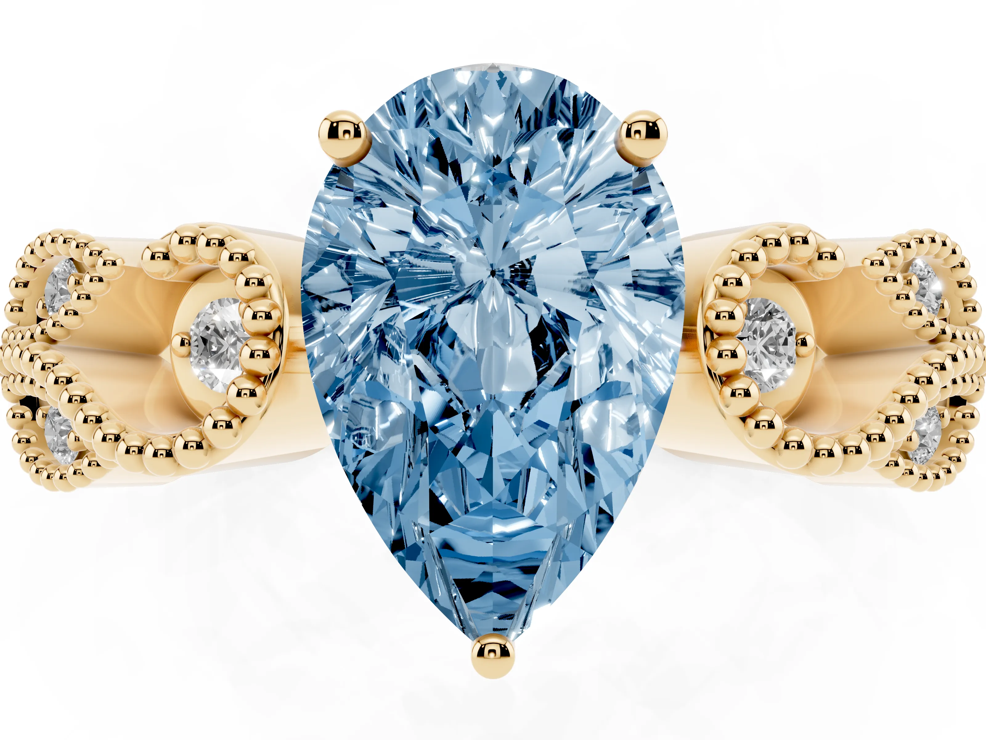 Fancy Blue Pear Cut Diamond Milgrain Leaf Band Solitaire Ring Set in Yellow gold with Accent Stones and Prong Setting