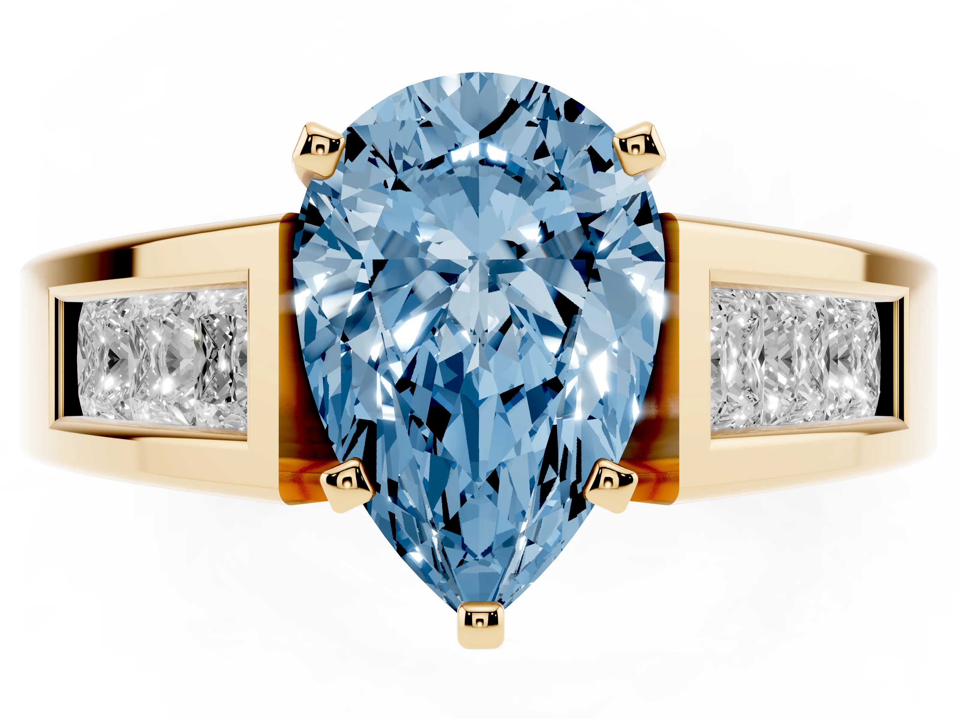 Fancy Blue Pear Cut Diamond Solitaire Ring Set in Yellow gold with Channel-Set Accent Stones and Prong Setting
