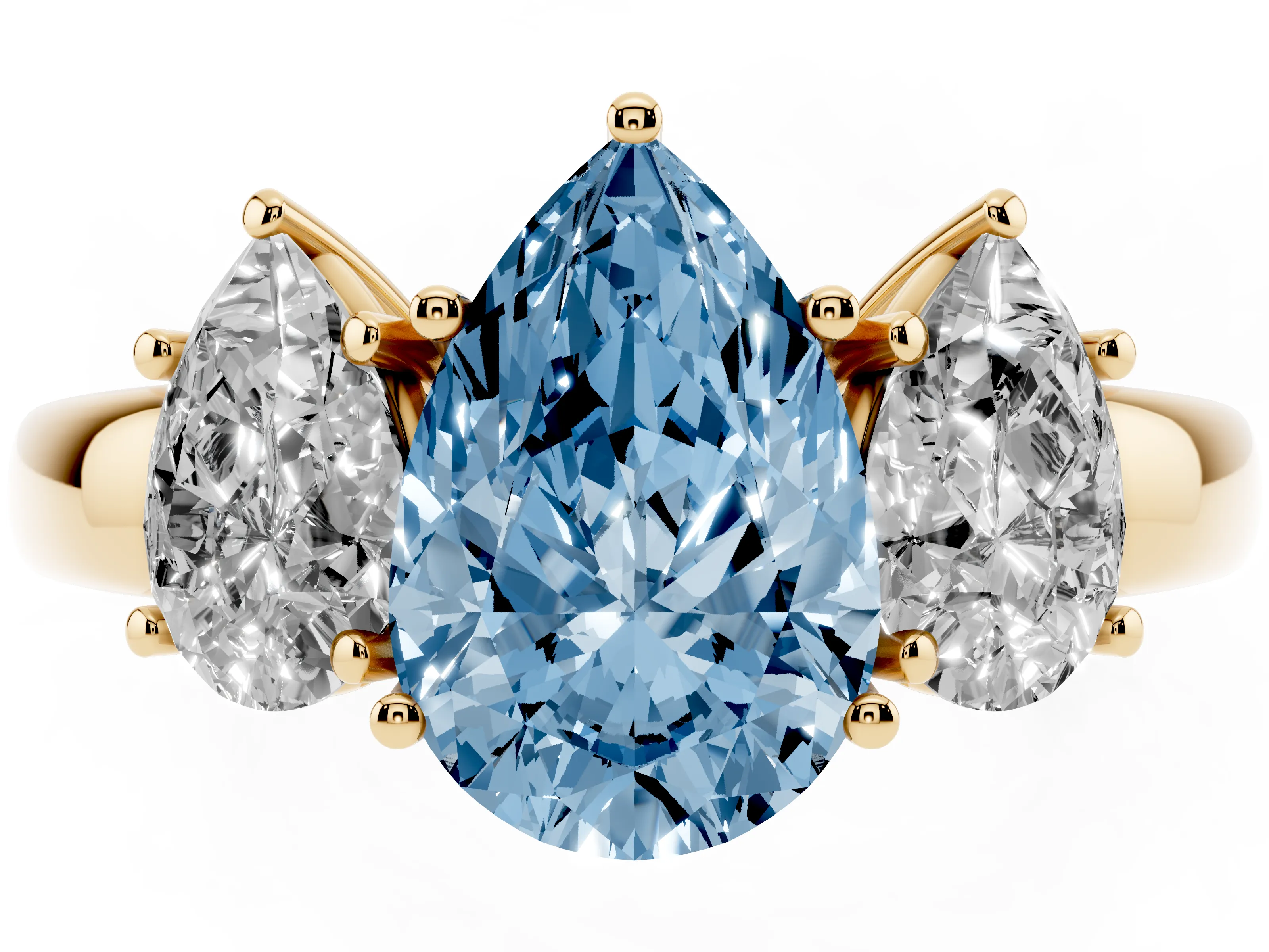 Fancy Blue Pear Cut Diamond Three-Stone Ring Set in Yellow gold with Bold Center and Classic Band