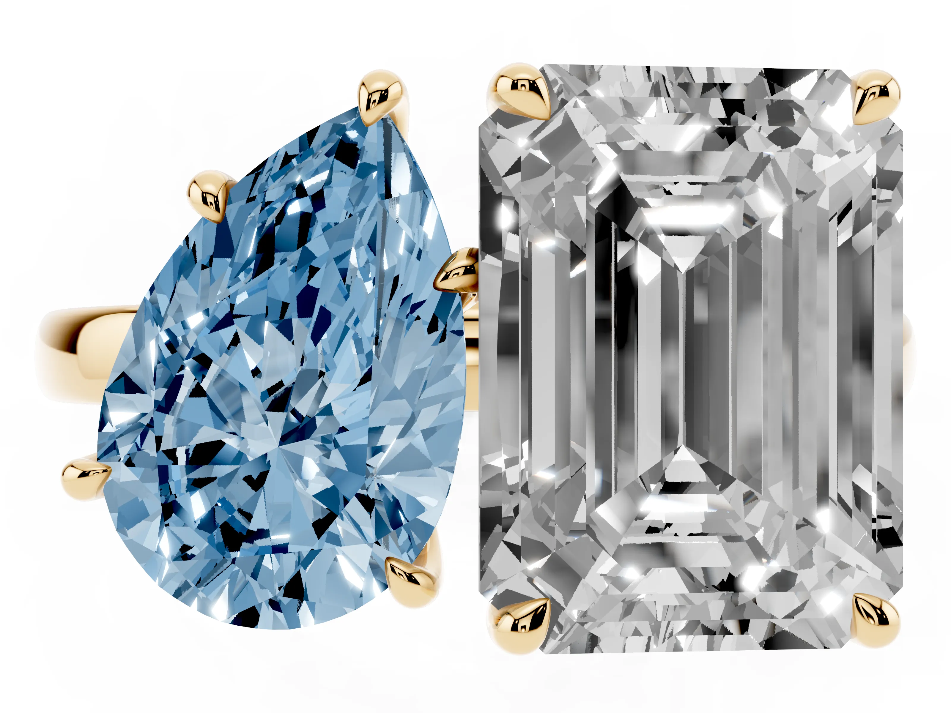 Fancy Blue Pear Cut and Emerald Cut Toi Moi Ring Set in Yellow gold with Prong Setting